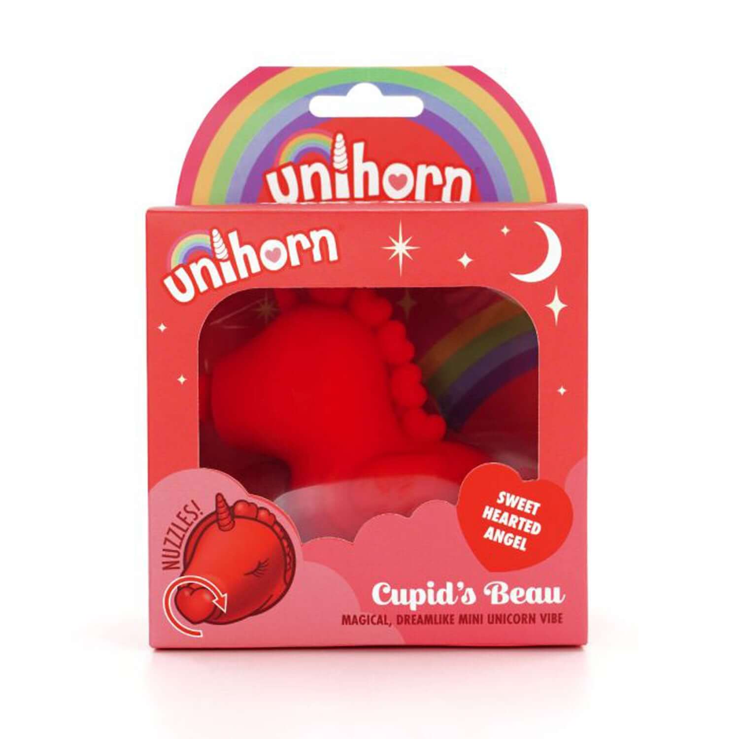 Red Unihorn Cupid's Beau in packaging, featuring a heart-nosed unicorn with rainbow design, advertised as a sweet-hearted angel.