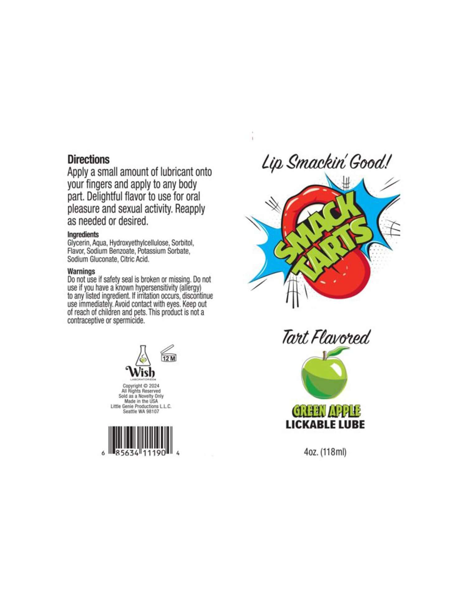 Smack Tarts Green Apple Lickable Flavored Lubricant 4oz packaging with directions and logo