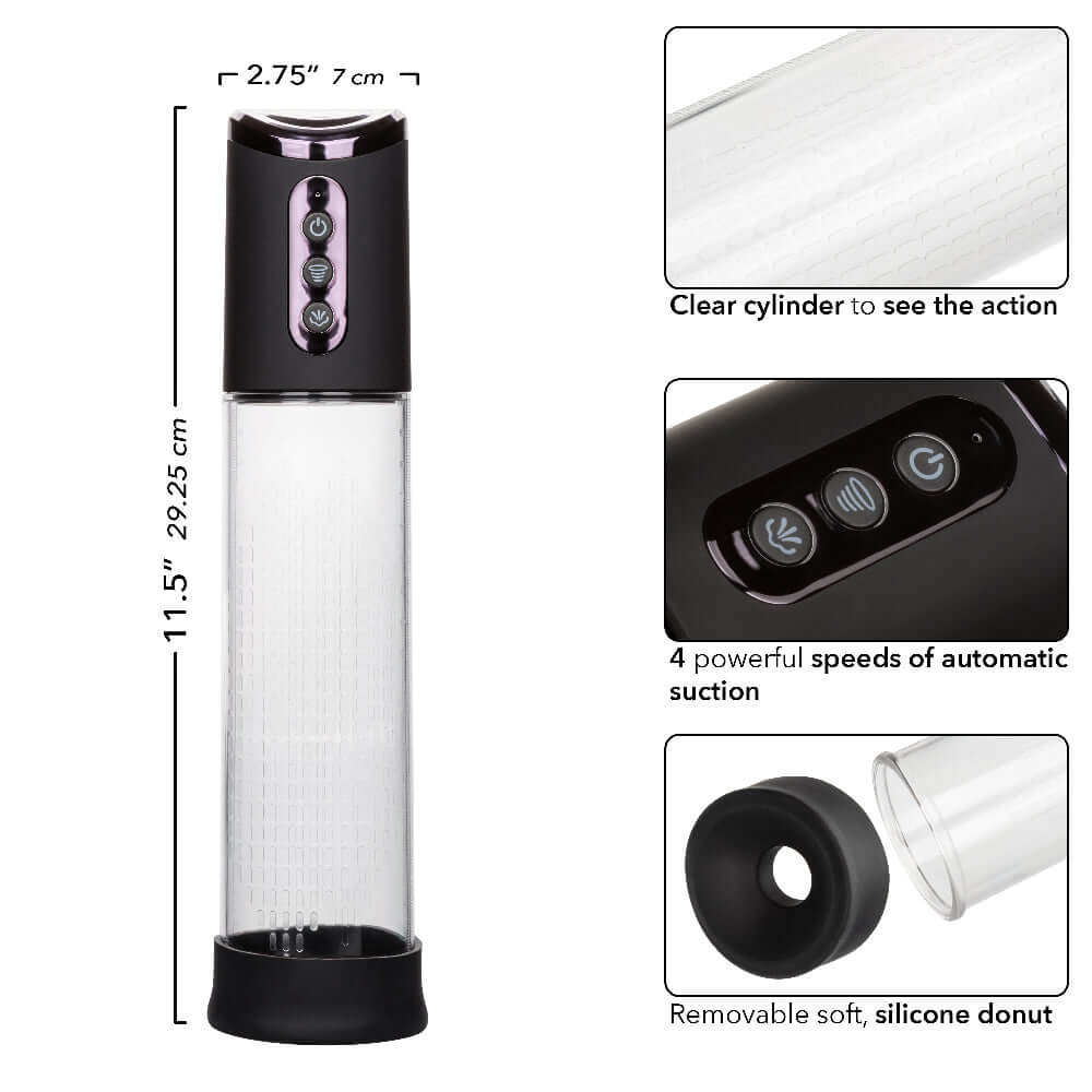 Peak Rechargeable Penis Pump with clear cylinder, 4 powerful speeds of automatic suction, removable soft silicone donut, 11.5" length