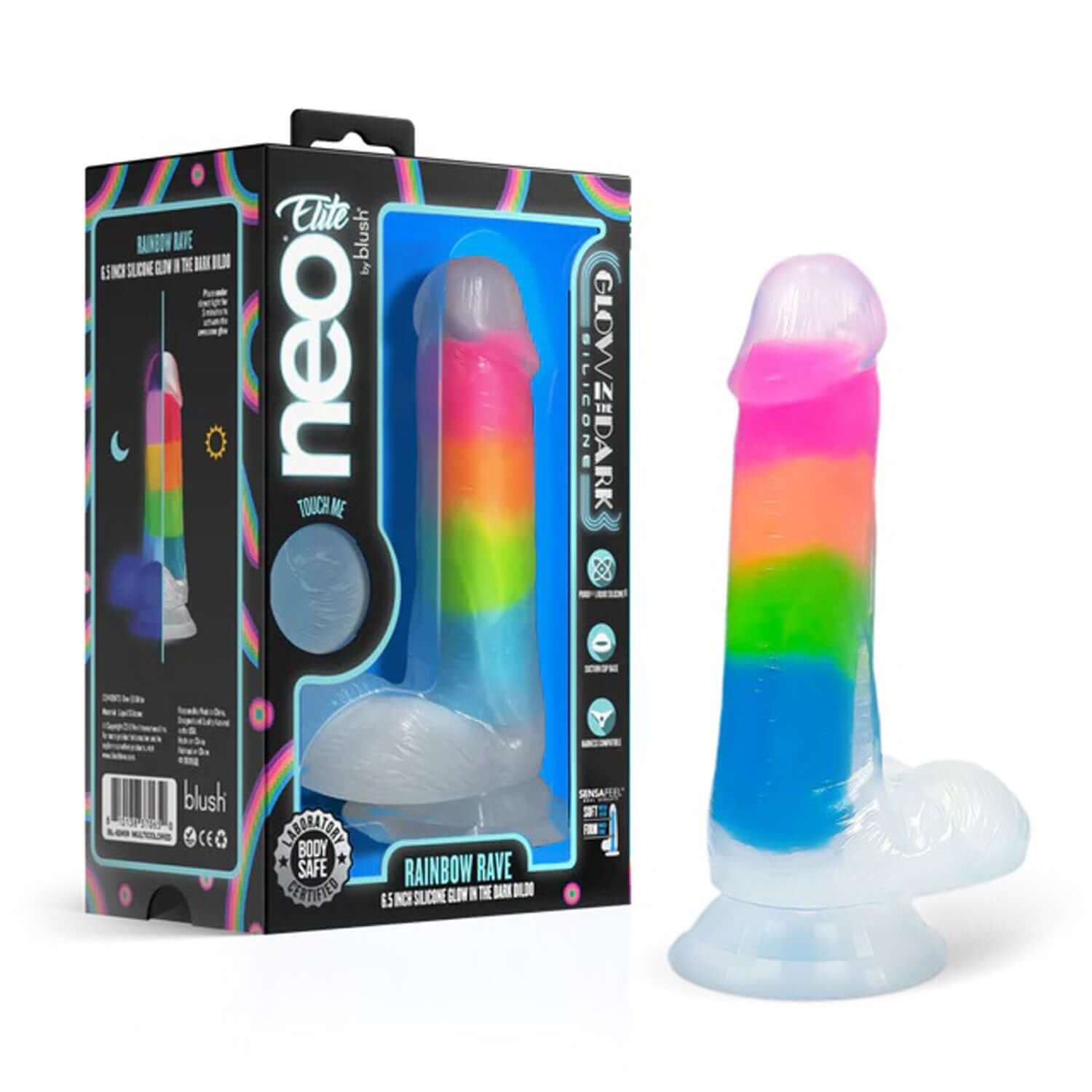 Neo Elite Glow in the Dark Rainbow Rave 6.5 inches Silicone Dual Density Dildo Multicolored