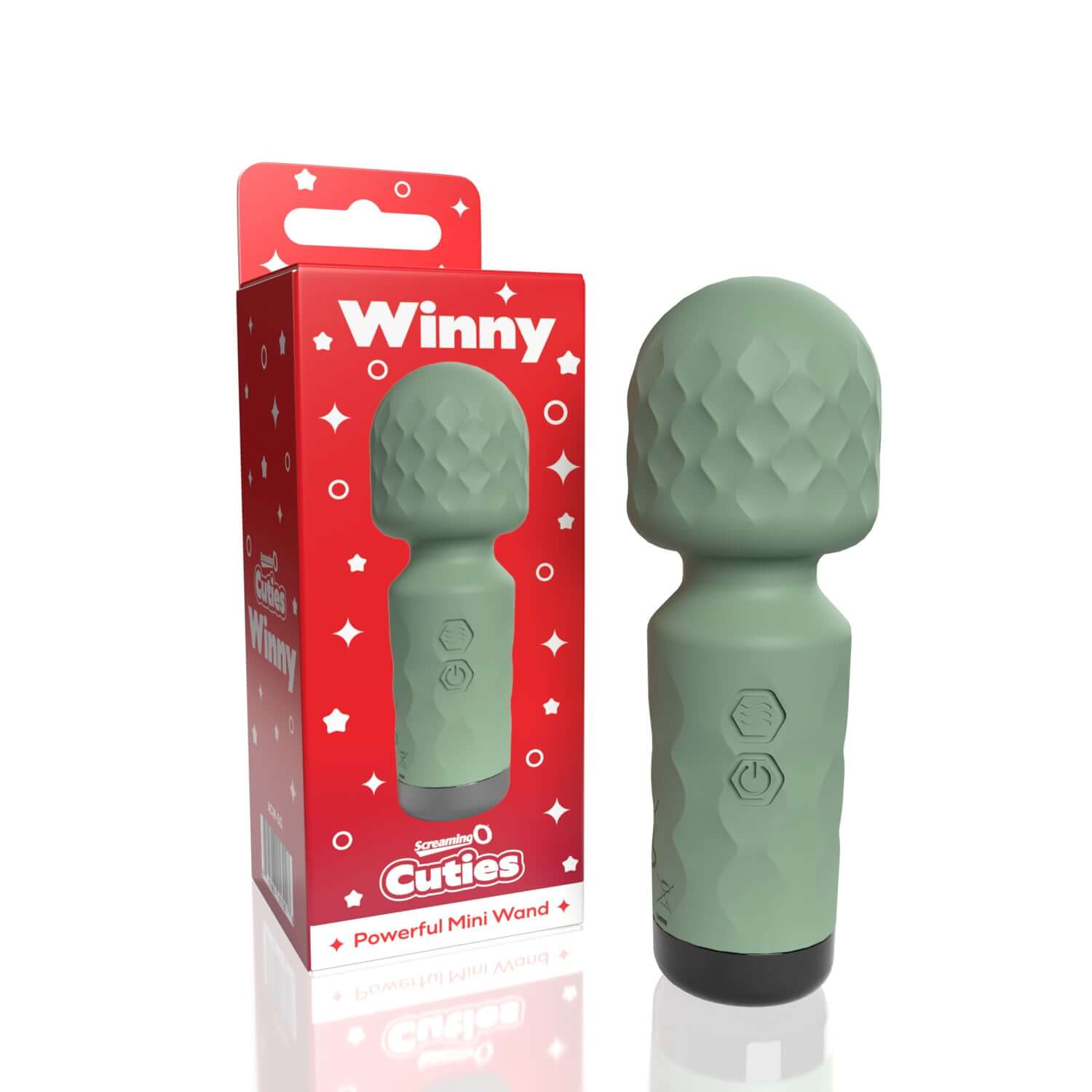 Screaming O Cuties Winny vibrating mini wand in sage green with packaging, highlighting its cute design and powerful features.