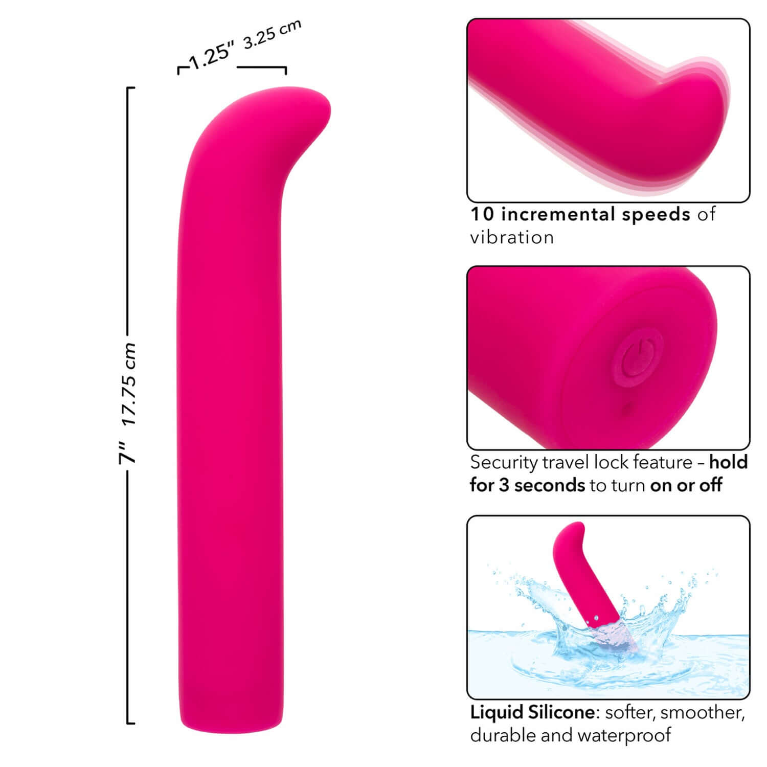 Rechargeable pink G-spot vibrator showcasing 10 vibration speeds and travel lock feature in liquid silicone design.