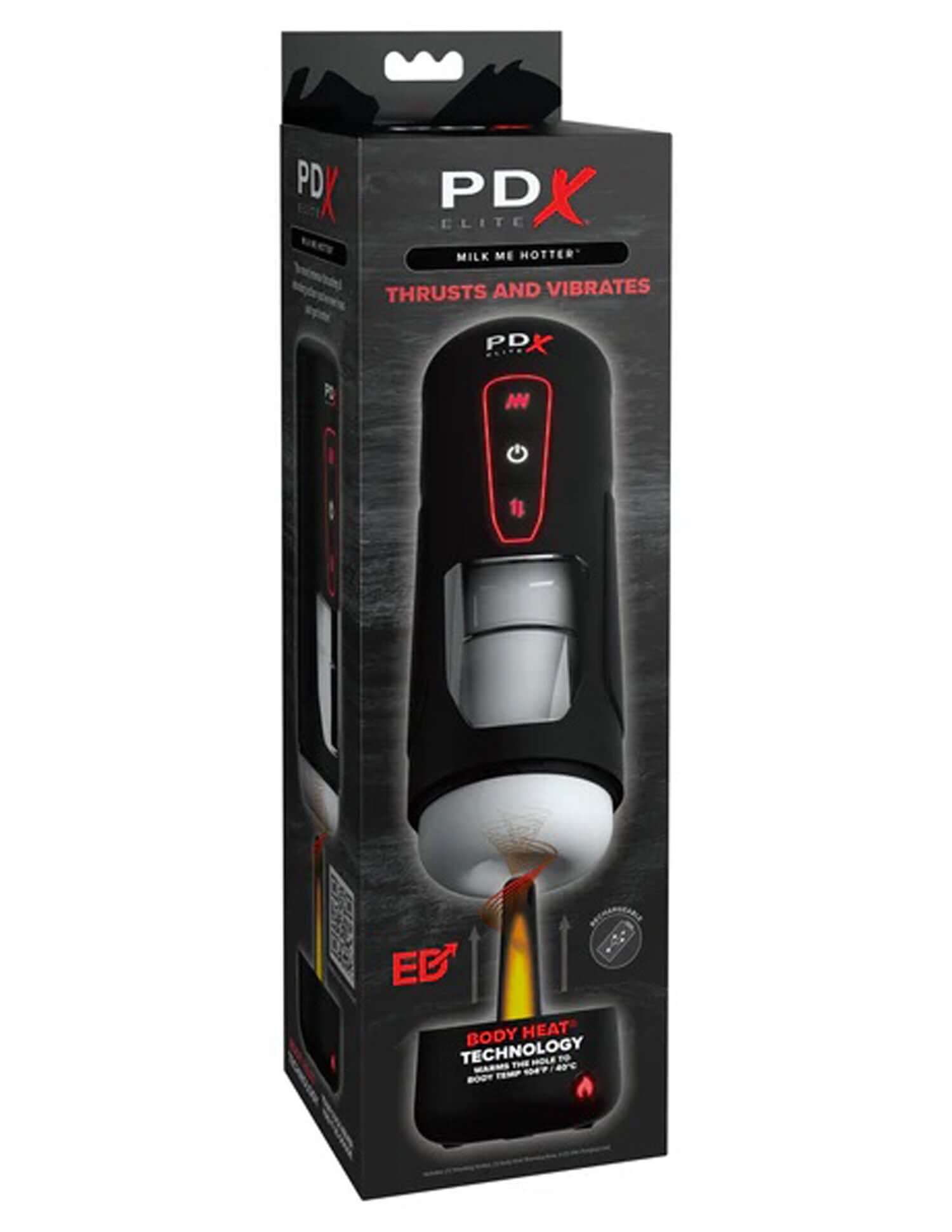 PDX Elite Milk Me Hotter black stroker in packaging with thrusting and vibrating features for heightened solo sex sessions.