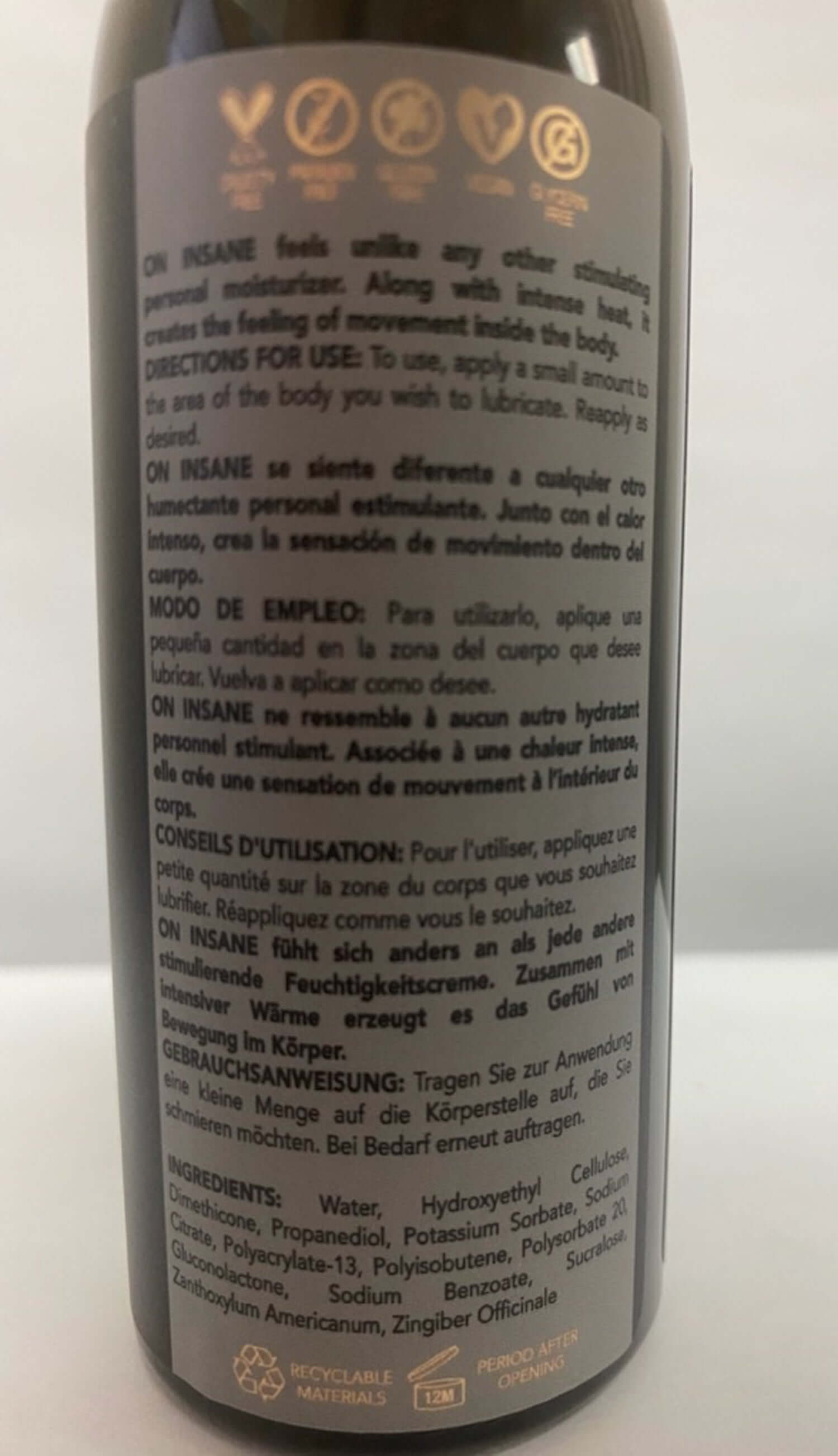 On Insane Ultra-Stimulating Personal Moisturizer 4oz bottle with instructions in multiple languages