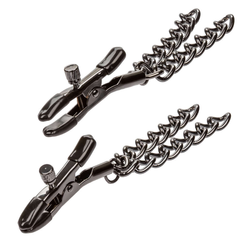 Euphoria Collection Chain Nipple Clamps in black with adjustable design and soft pads for comfortable sensory play