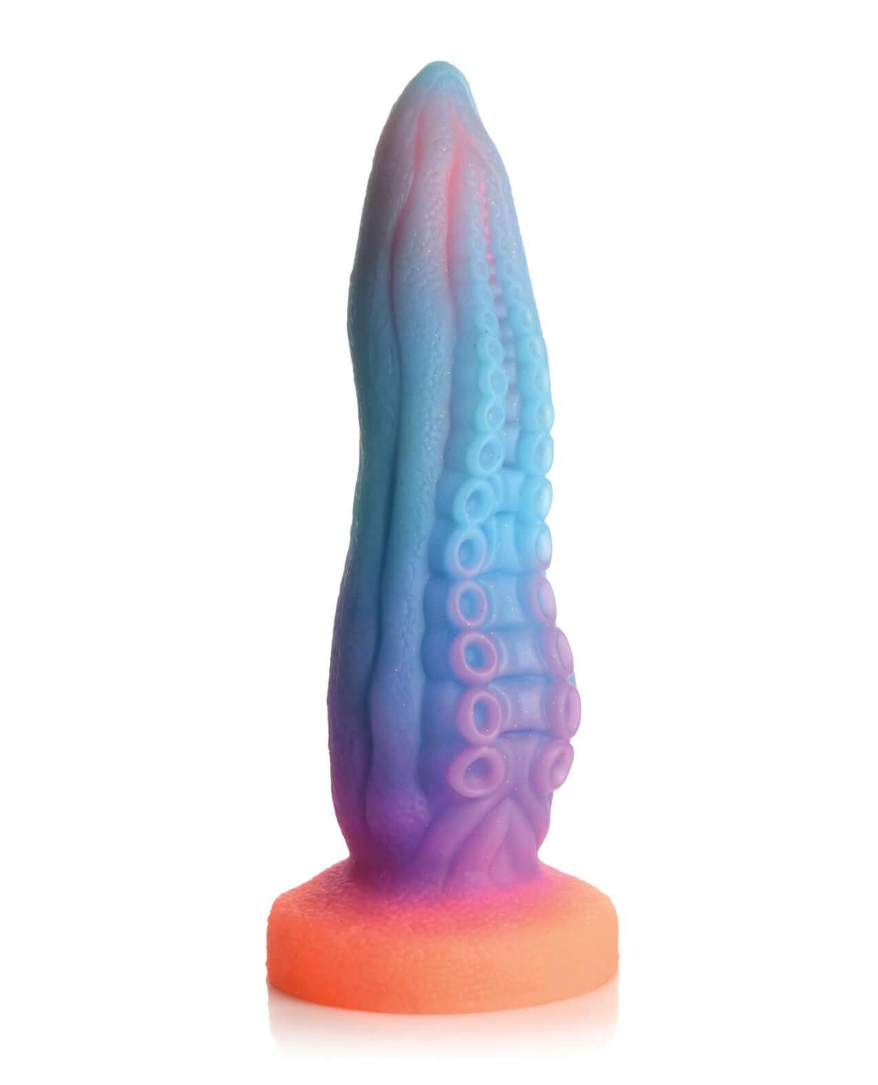 Tenta-Cock Glow-in-the-Dark Silicone Dildo with blue, purple, and orange hues, featuring tentacle suckers and ridged sides for enhanced sensations