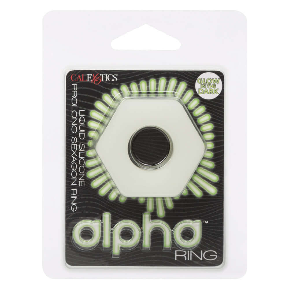 Alpha Glow-in-the-Dark Liquid Silicone Prolong Sexagon Ring - White in packaging