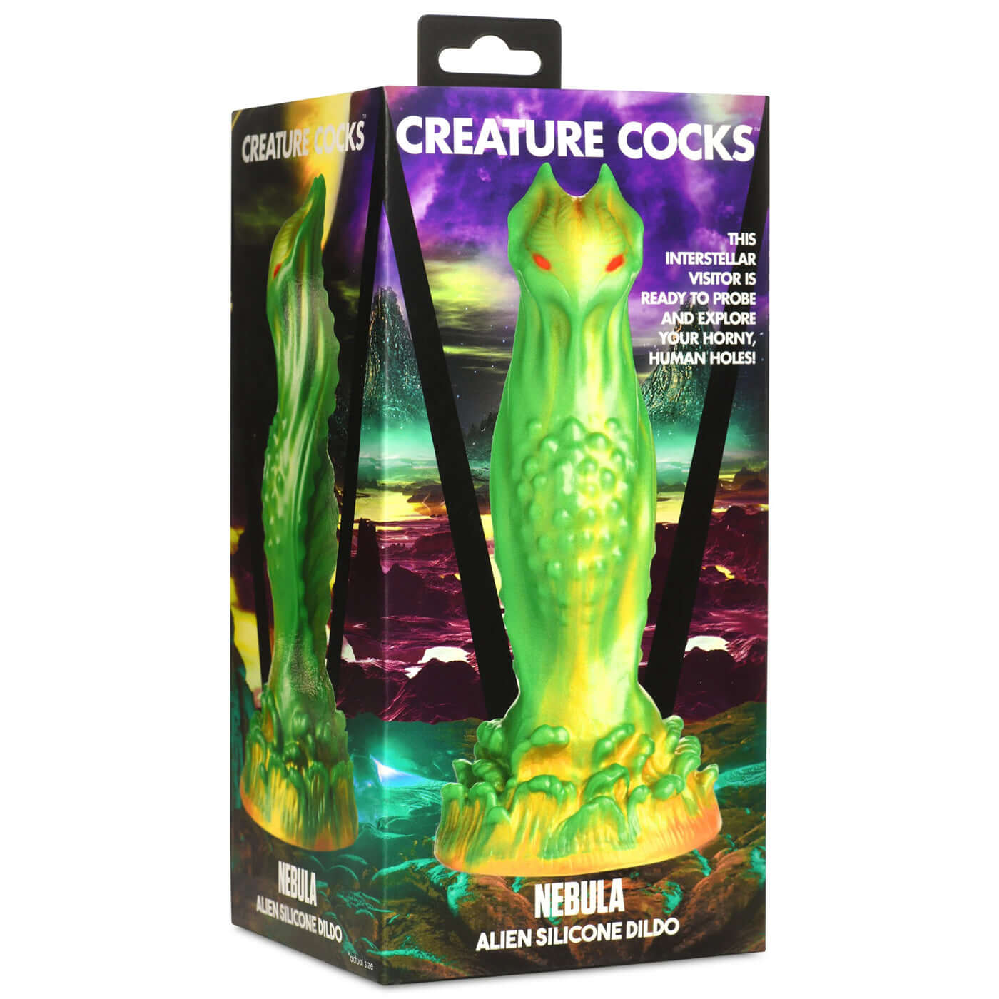 Packaging of the green Nebula Alien Silicone Dildo with menacing red eyes from Creature Cocks.