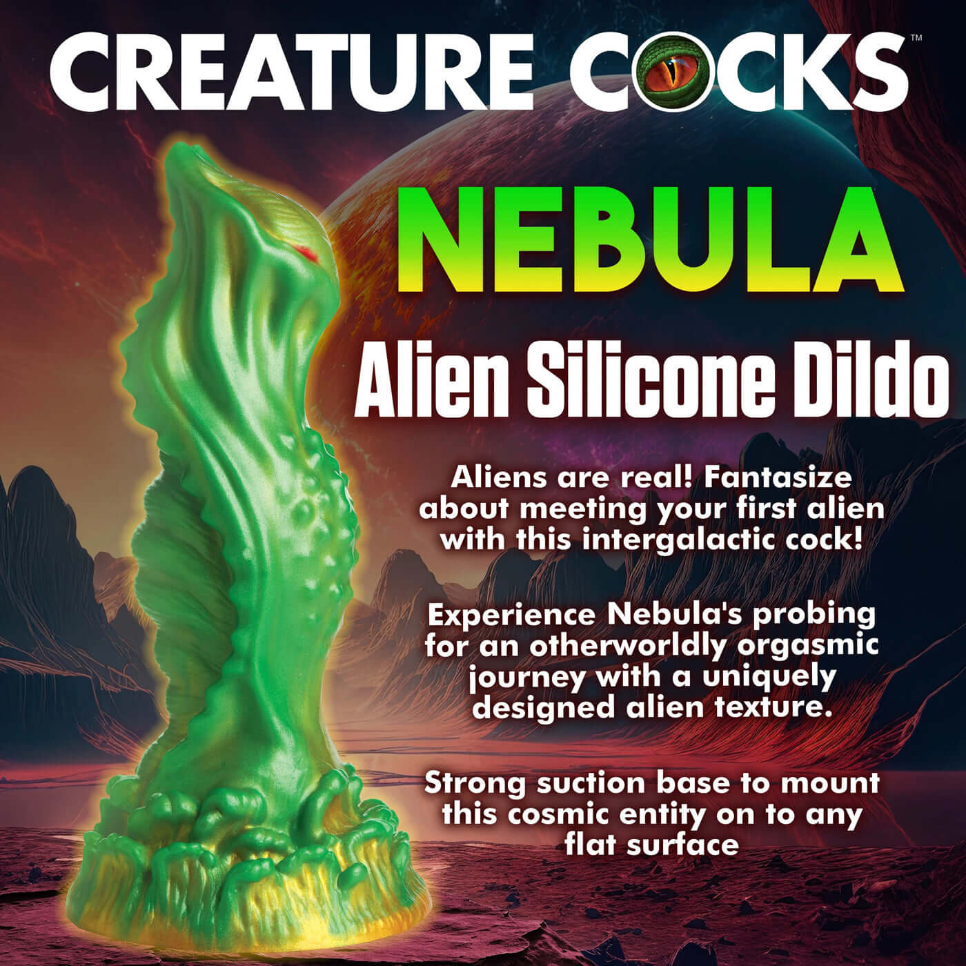 Nebula Alien Silicone Dildo with green and gold textured skin and strong suction base for an out-of-this-world experience.