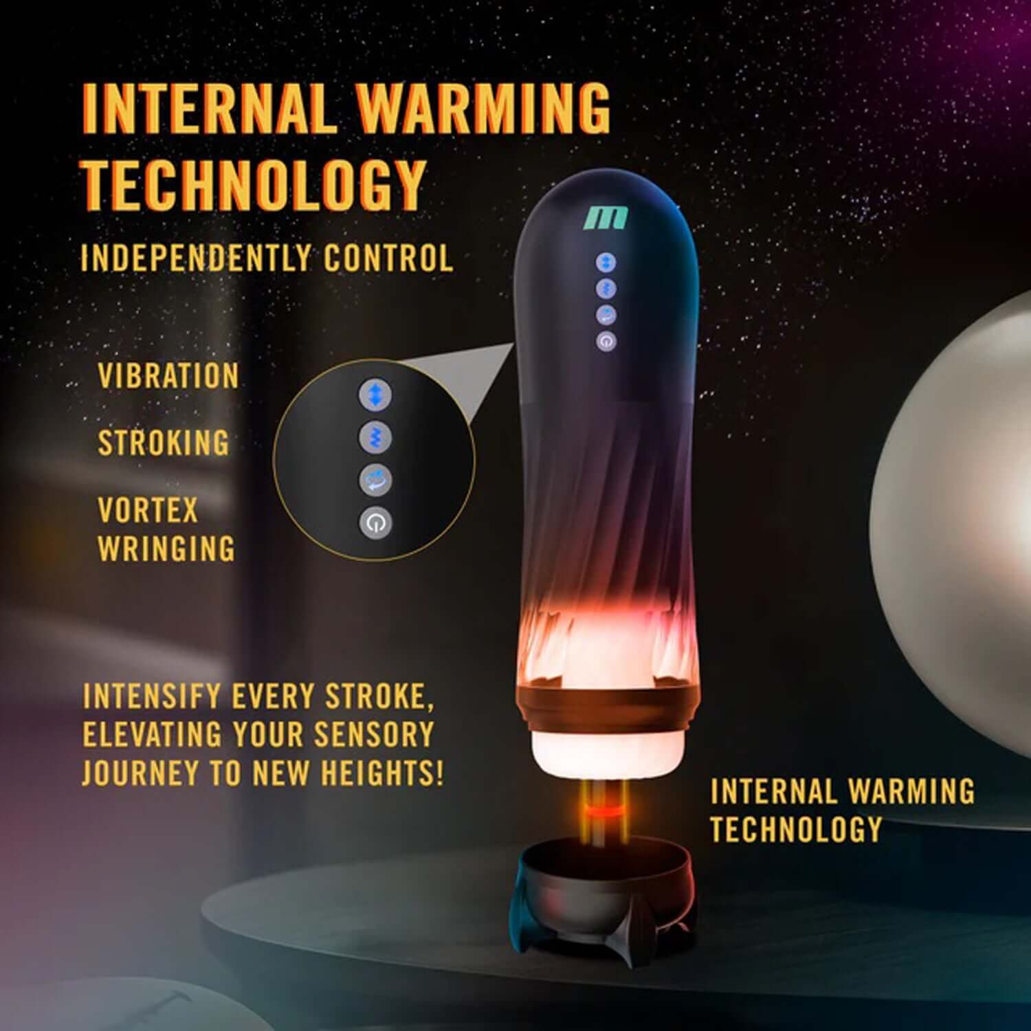 Internal warming technology for Quantumx stroker with independent control for vibration, stroking, and vortex wringing.