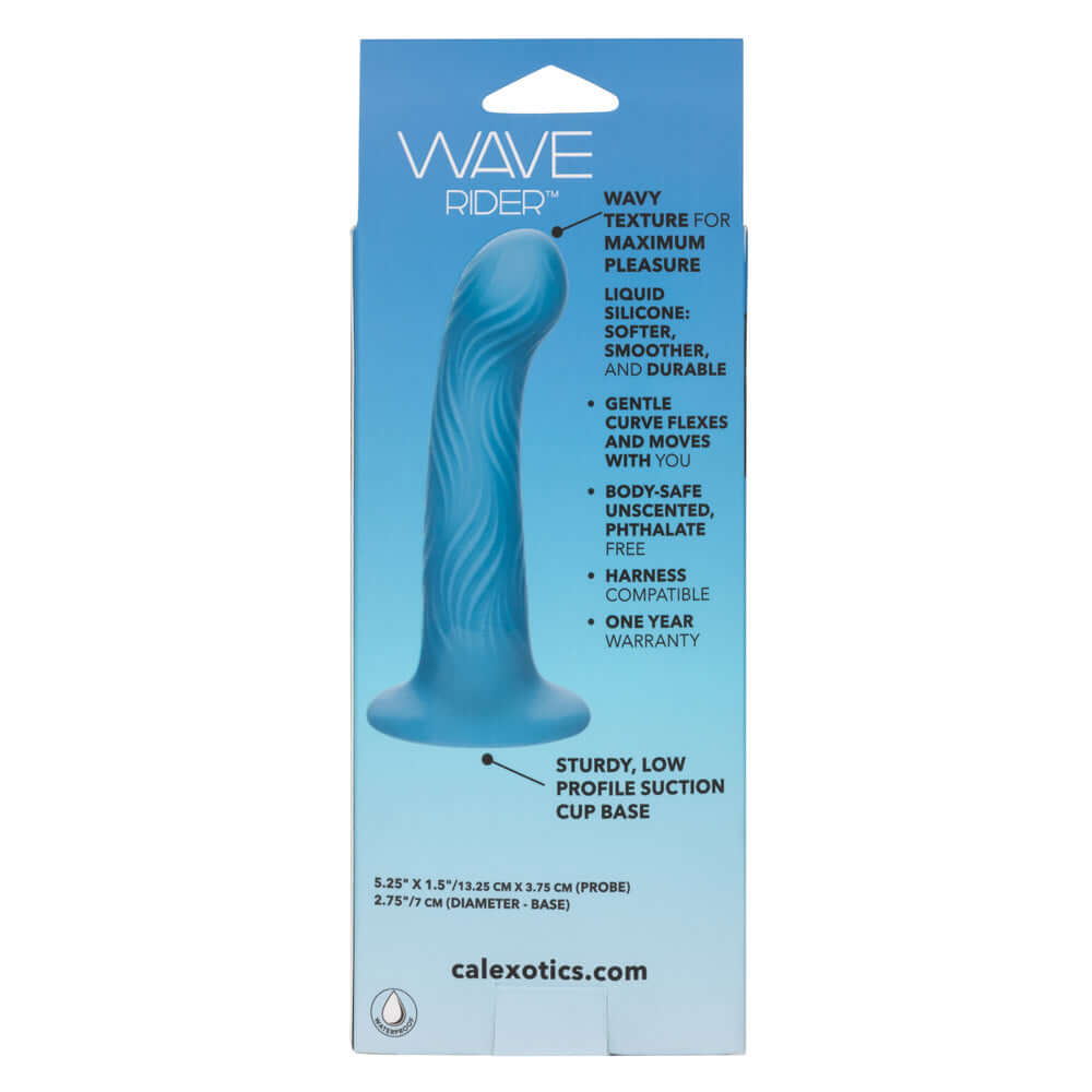 Wave Rider Ripple blue dildo with wavy texture, made of liquid Silicone for maximum pleasure, displayed on product packaging.