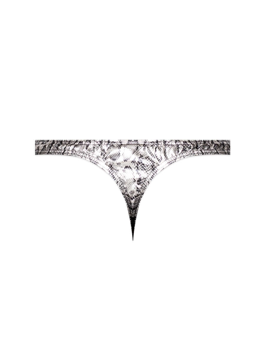 Silver and black metallic snakeskin criss cross thong for men, large/x-large, featuring low cut waist and t-back design for comfort and support.