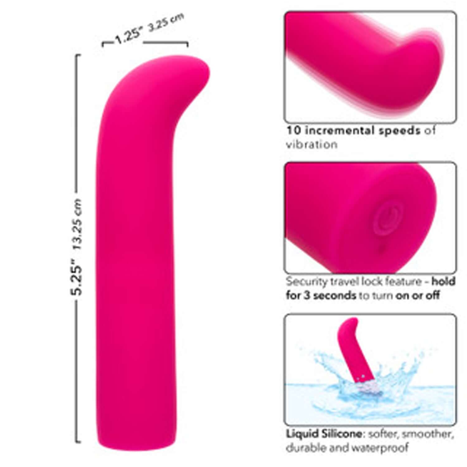 Rechargeable Classic Chic Mini “G” in pink, featuring 10 vibration speeds and waterproof liquid silicone design.