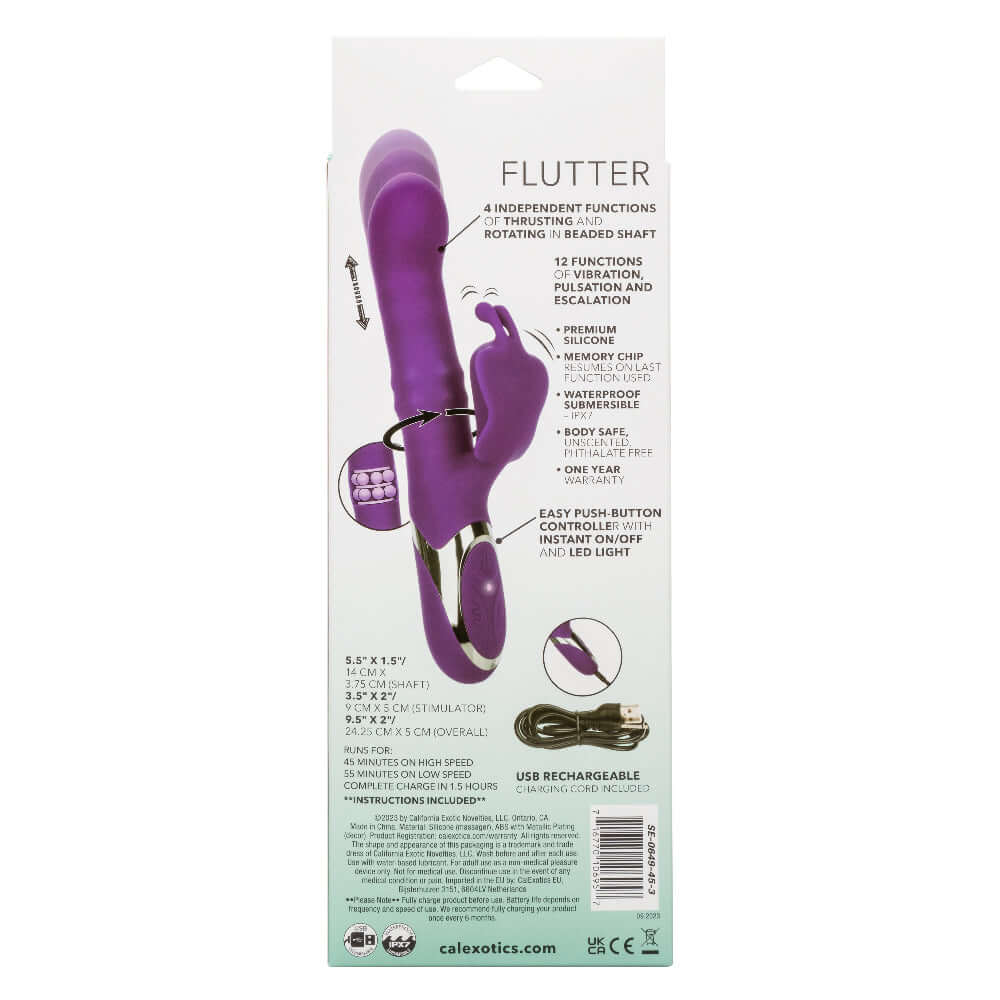 Packaging of the Enchanted Flutter Massager in Purple, highlighting features like body-safe silicone, waterproof build, and USB rechargeability.