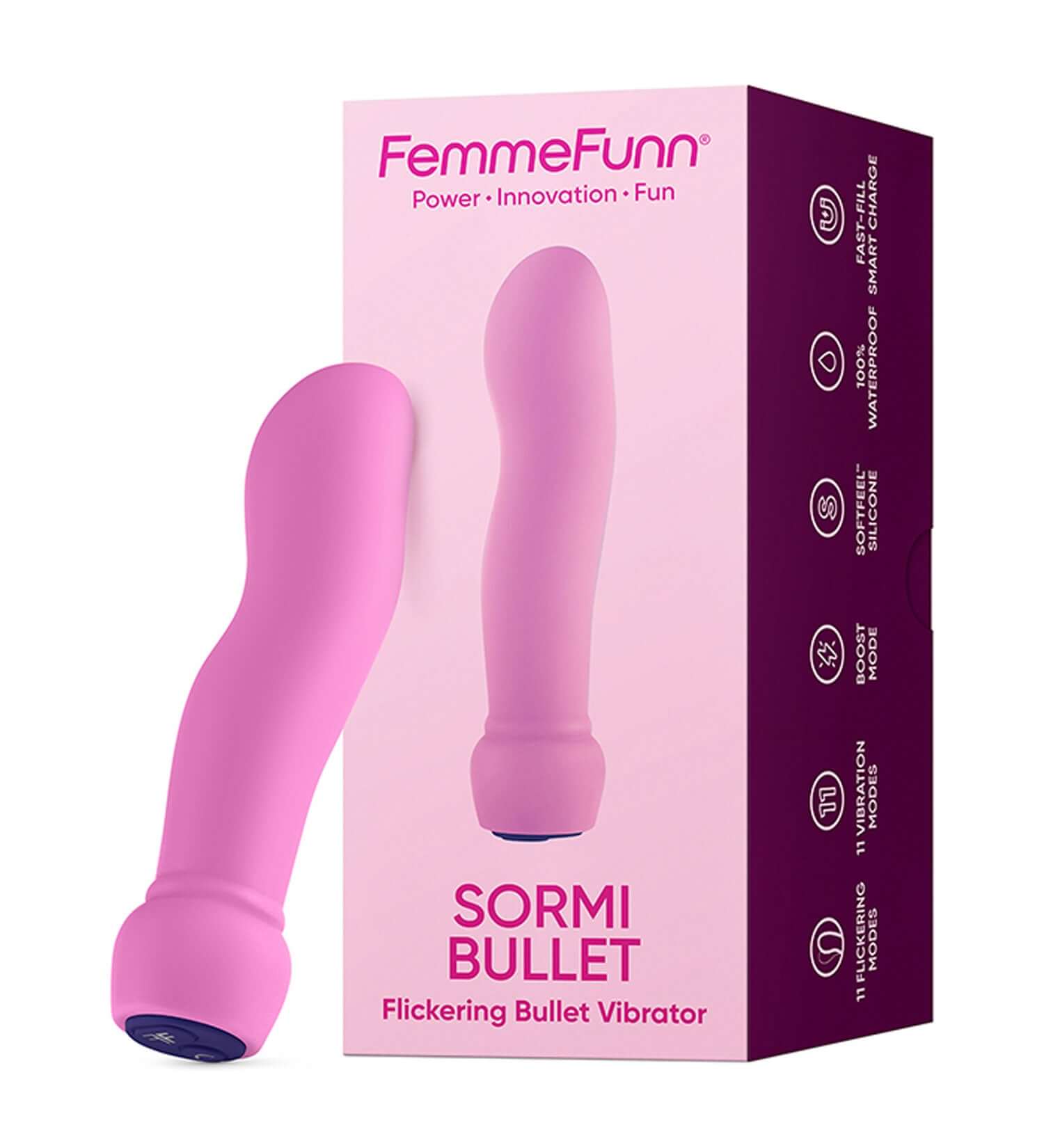 Sormi Bullet Vibrator in pink with packaging, featuring 11 flickering and vibration modes, soft silicone, and waterproof design.