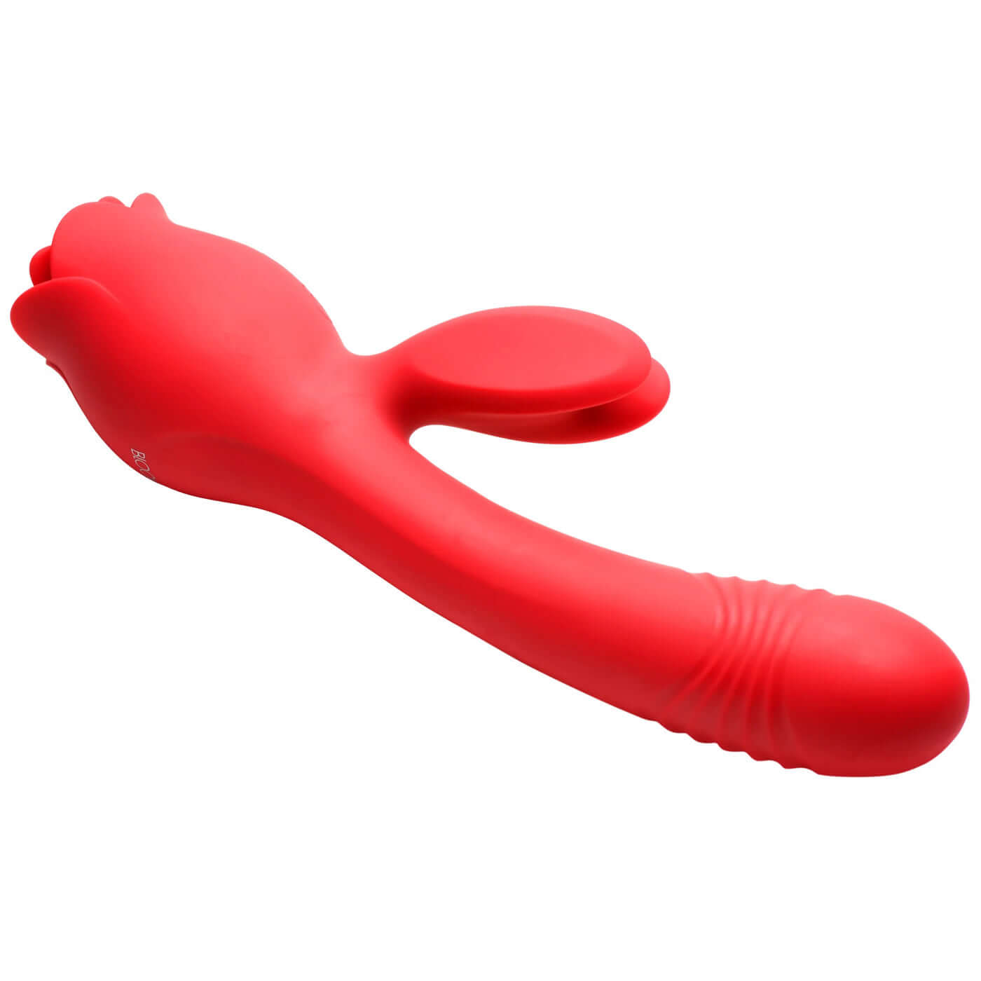 Blooming Bunny Sucking and Thrusting Silicone Rabbit Vibrator in red with flexible shaft and vibrating rabbit ears for female satisfaction.