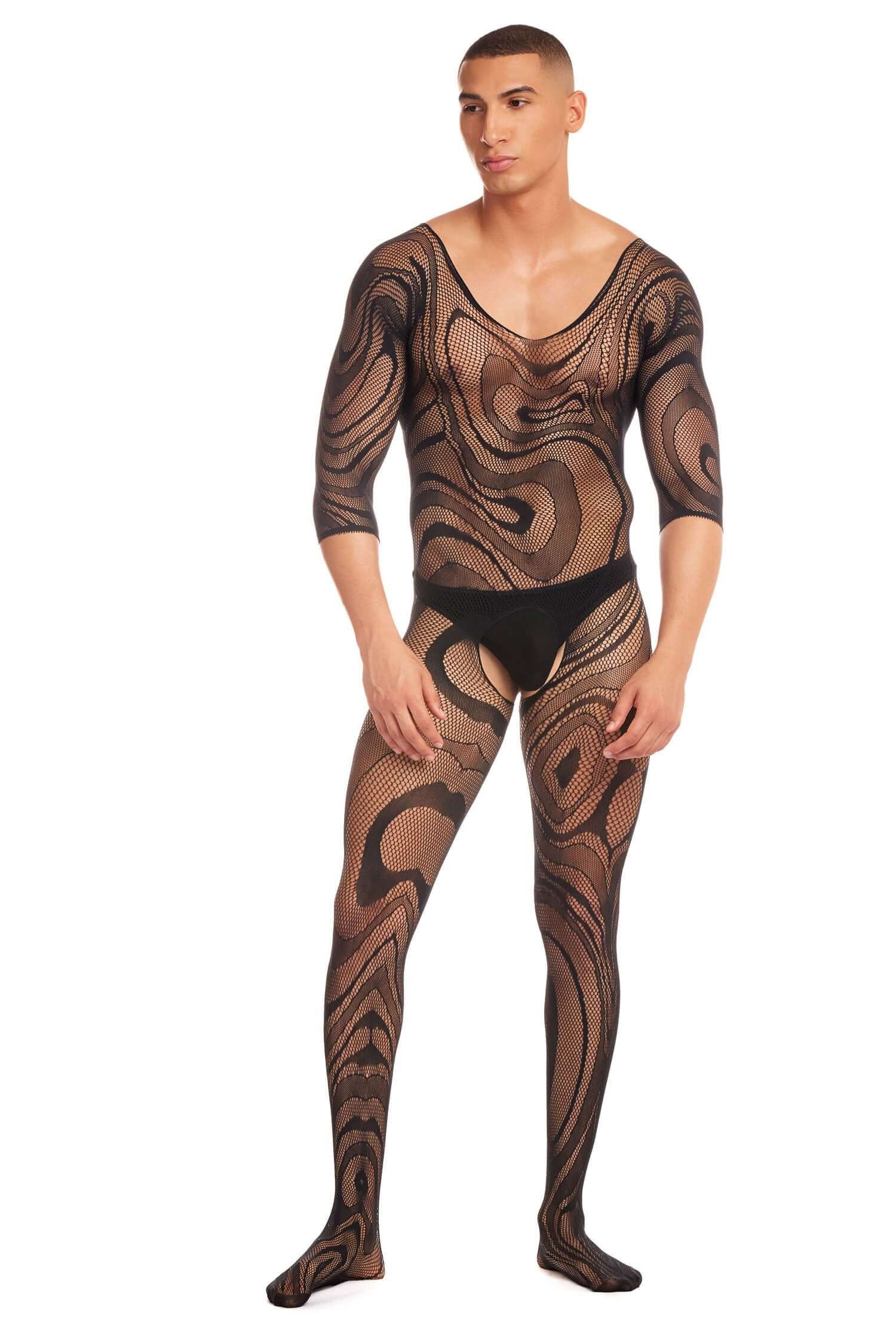 Man wearing Supernova 2pc Set in black, made of 95% Nylon and 5% Spandex, featuring artistic patterned design, Large/XL size