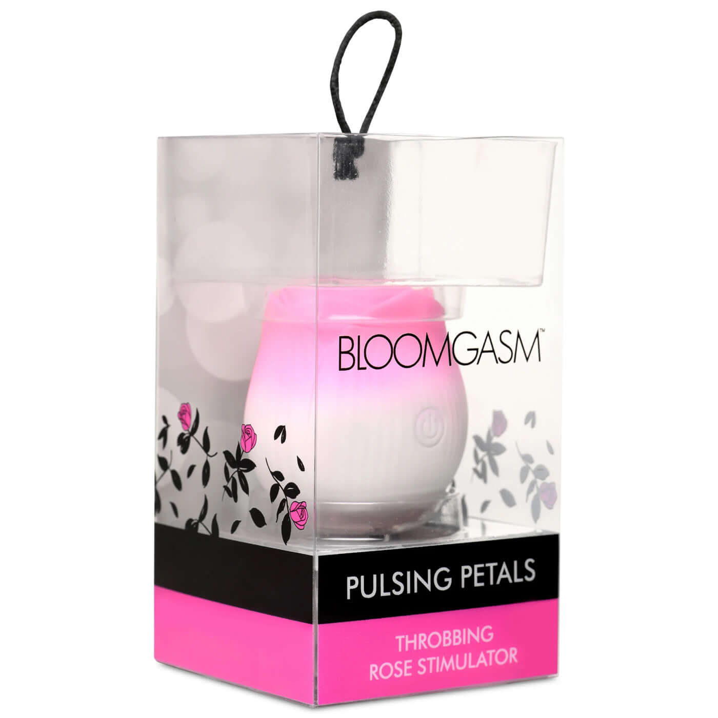 Pulsing Petals Throbbing Rose Stimulator in pink packaging shown in a clear box with floral design.