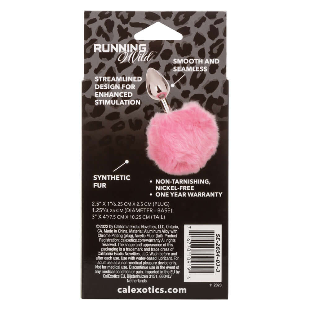 Packaging of Running Wild Bunny Pink Anal Plug with fluffy tail showing features like streamlined design, synthetic fur, and nickel-free material.