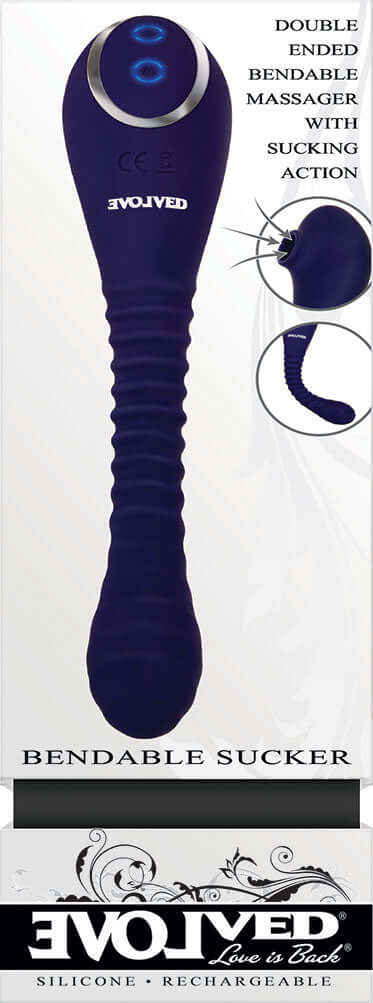 Double-ended bendable vibrator with suction stimulator and ribbed texture by Evolved, silicone and rechargeable