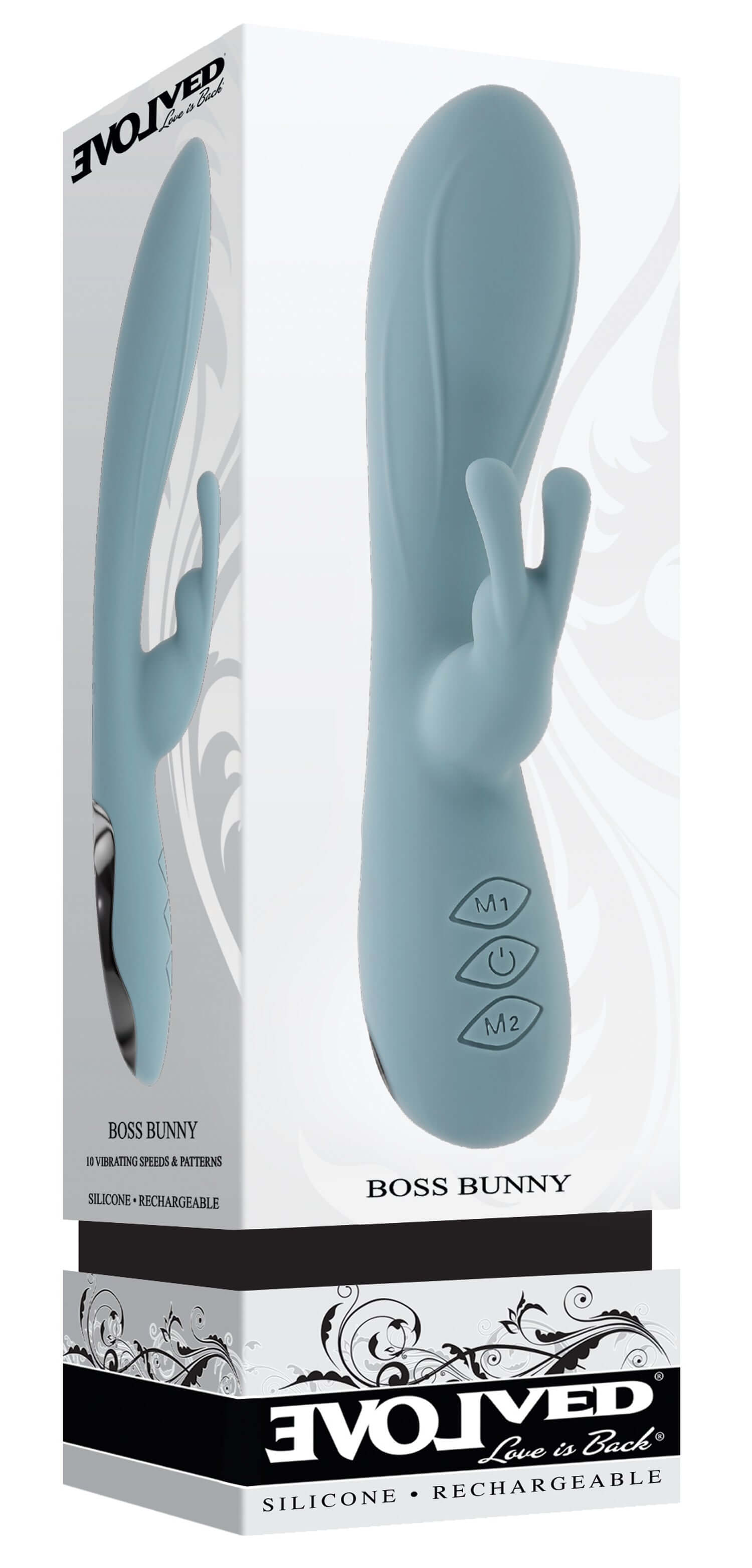 Boss Bunny Rabbit Vibrator in blue packaging showcasing sleek silicone design and control buttons for various settings.