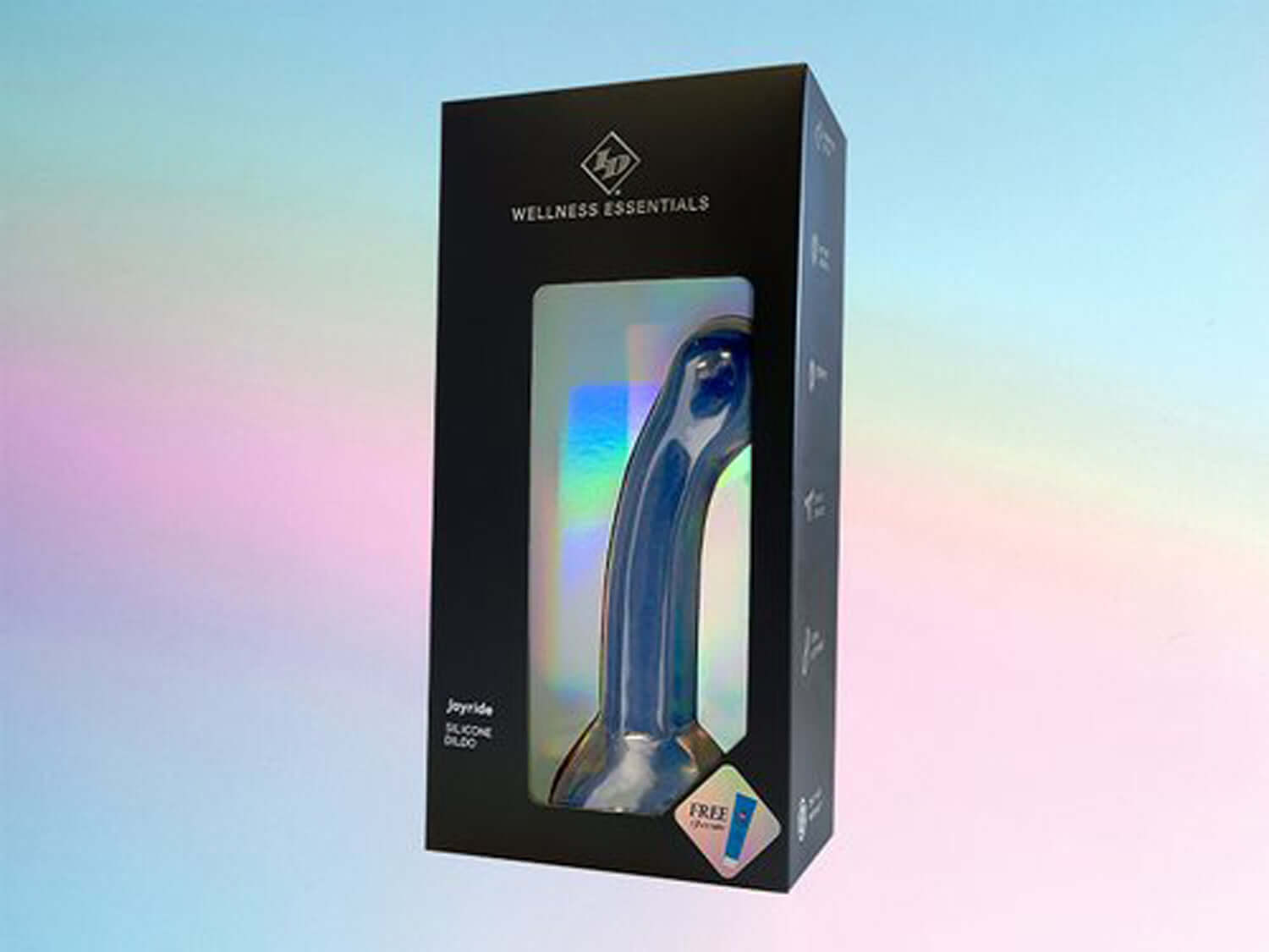 Joyride Silicone Dildo in packaging with iridescent design, showcasing premium smooth silicone for comfort and pleasure.