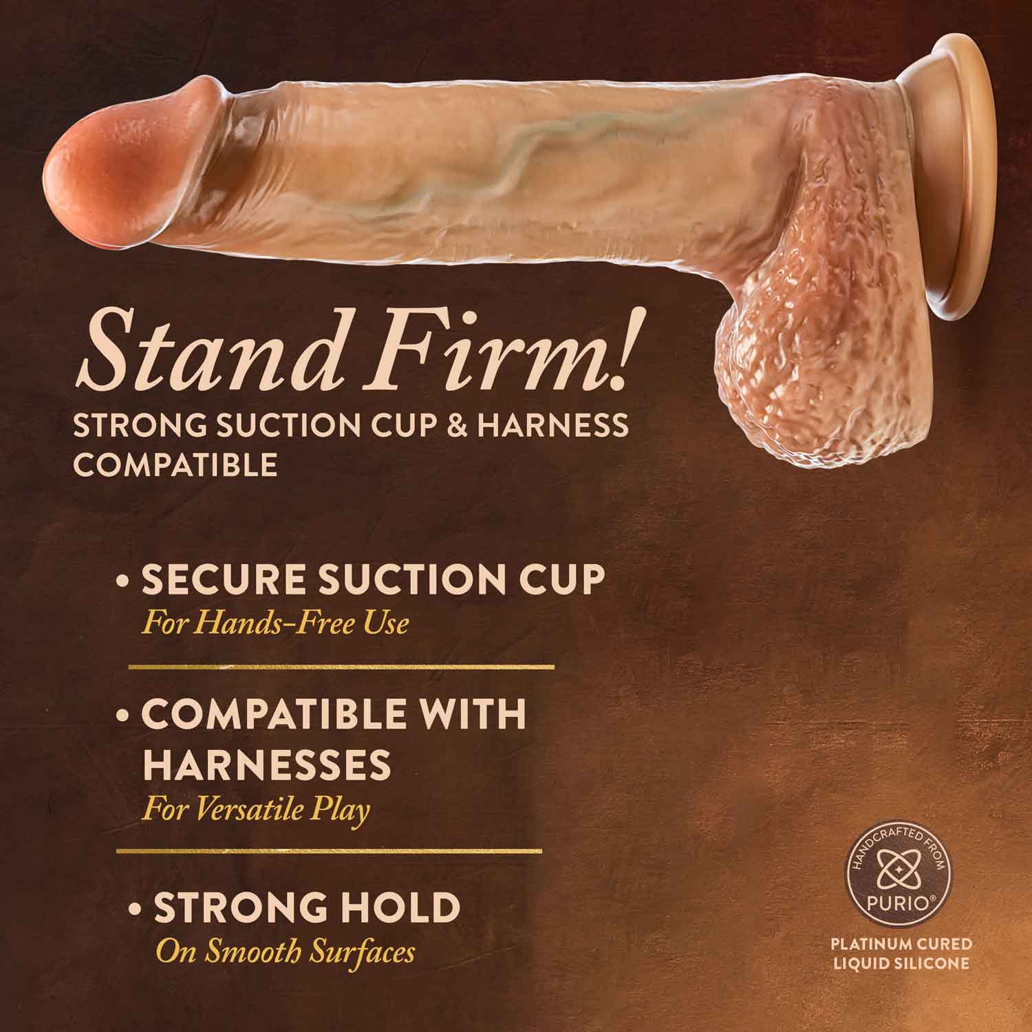 Rafael 9.5 inch dildo with squeezable balls, strong suction cup, harness compatible, secure hold, Purio liquid silicone