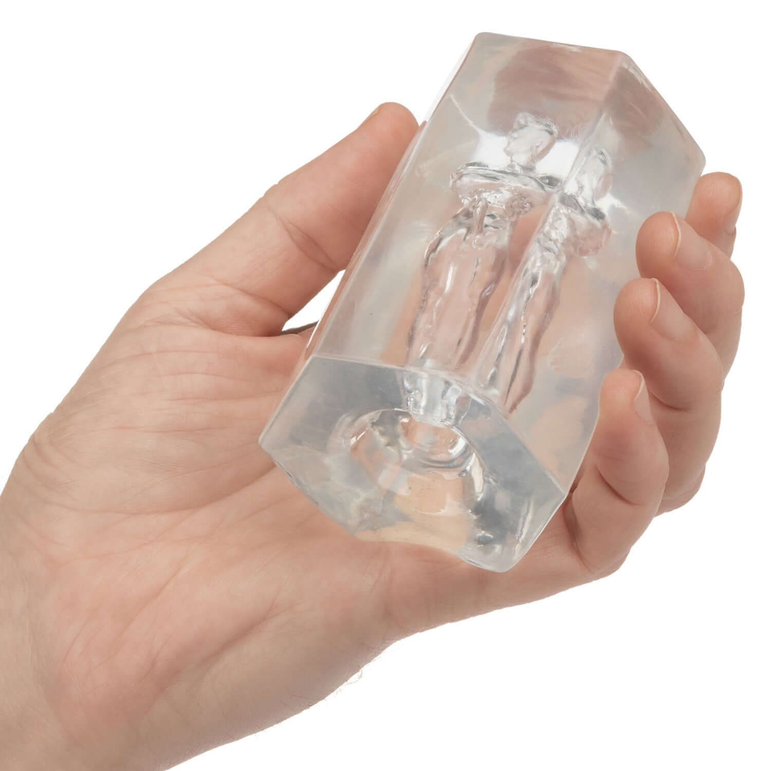 Hand holding Guys Guys Guys David clear sleeve masturbator showing transparent design for solo pleasure and travel convenience.