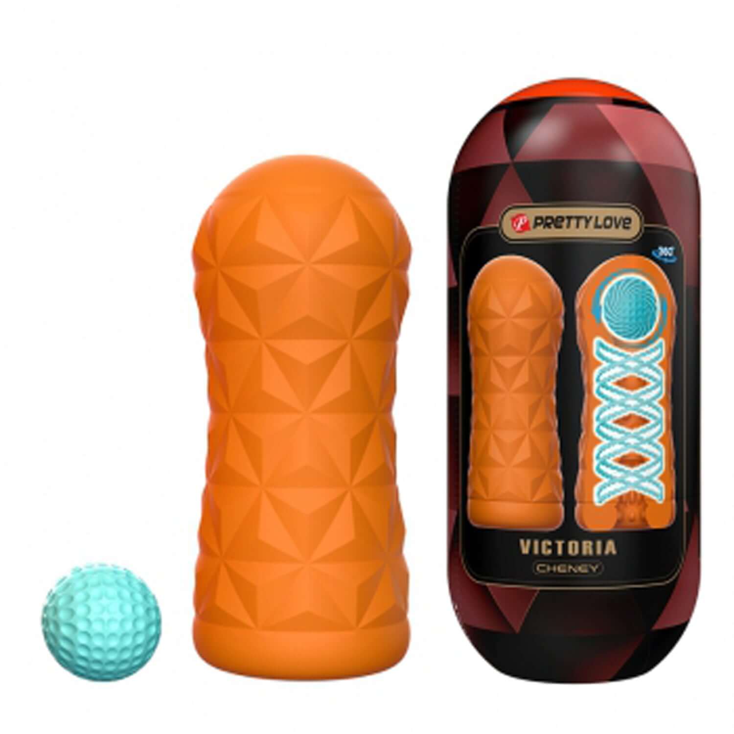 Victoria masturbator in orange with blue stimulation ball for intense pleasure and new sensations.