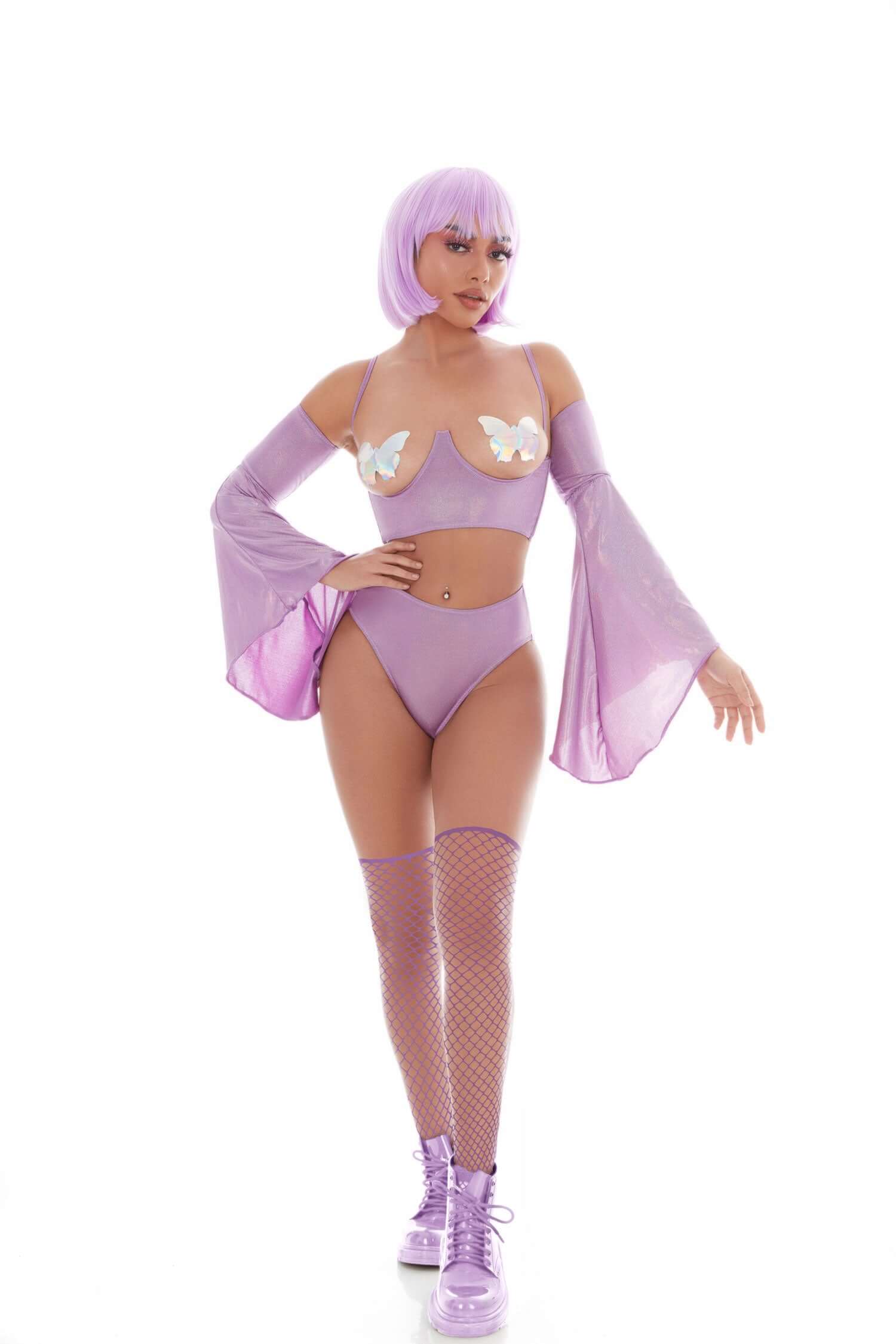 Woman wearing KandiHouse Holo Hun 5pc Set in purple, featuring bra, panty, sleeves, thigh highs, and pasties for a stylish look.