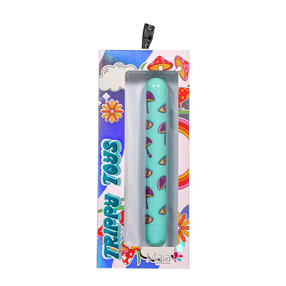 Teal blue mushroom pattern rechargeable bullet vibrator in packaging, featuring 10 powerful vibrating patterns and easy control button.