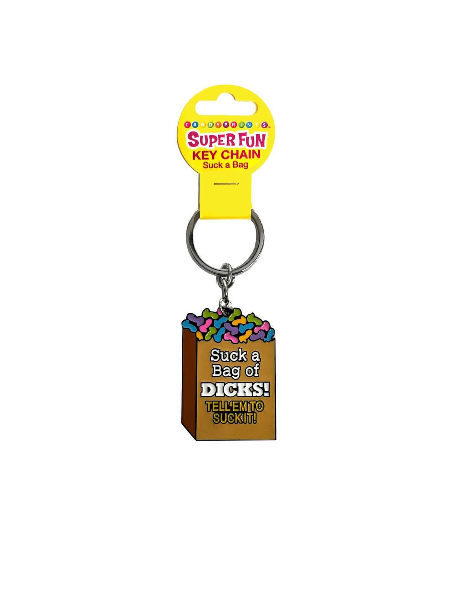 "Super Fun Key Chain by Little Genie with humorous Suck a Bag of Dicks design, colorful and playful accessory"