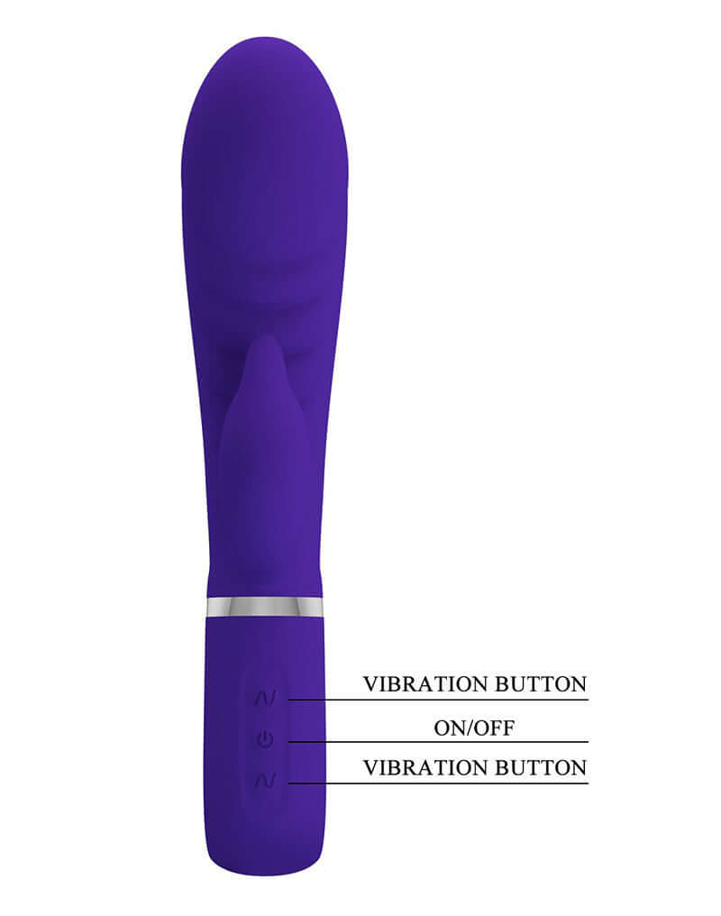 Prescott Super Soft Rabbit Silicone Vibrator in Purple with labeled vibration and on/off buttons for comfortable and skin-friendly pleasure.