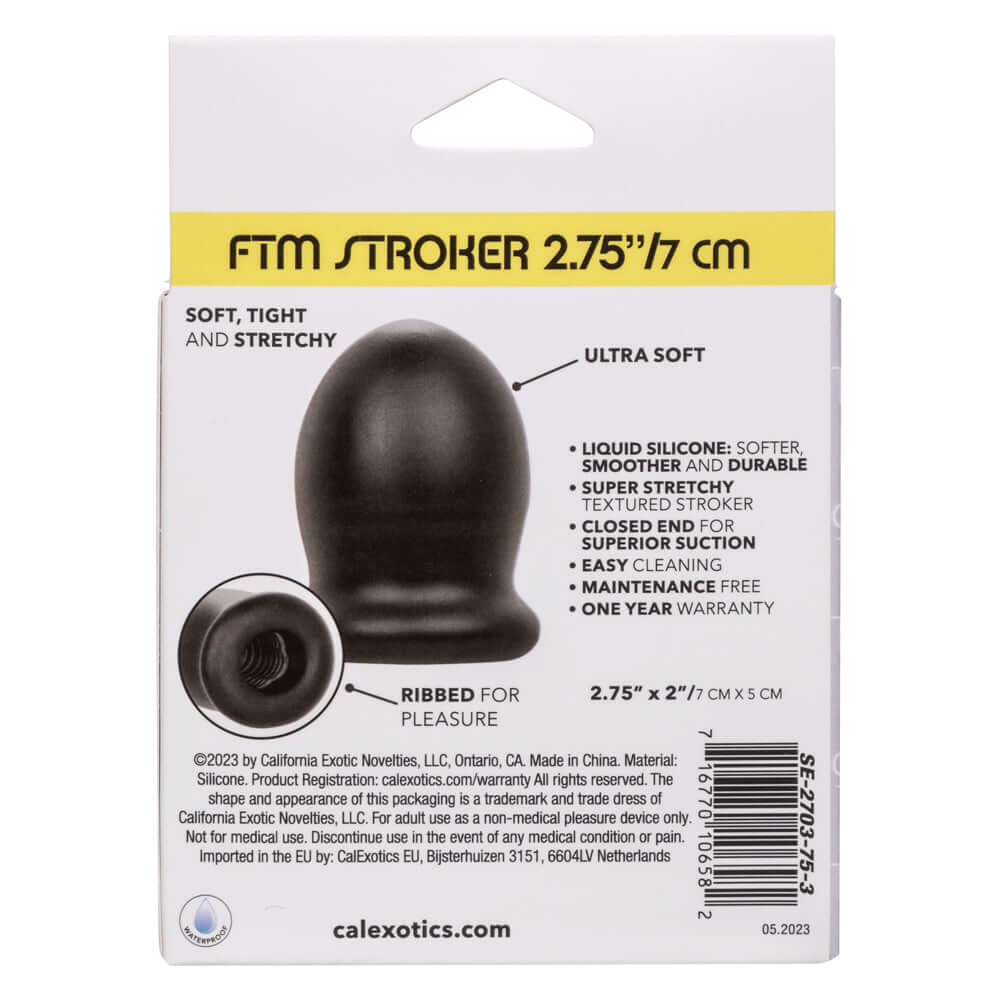 Boundless FTM Stroker 2.75 Inch 7 Cm packaging displaying product features such as ultra soft liquid silicone, easy cleaning, and ribbed texture.