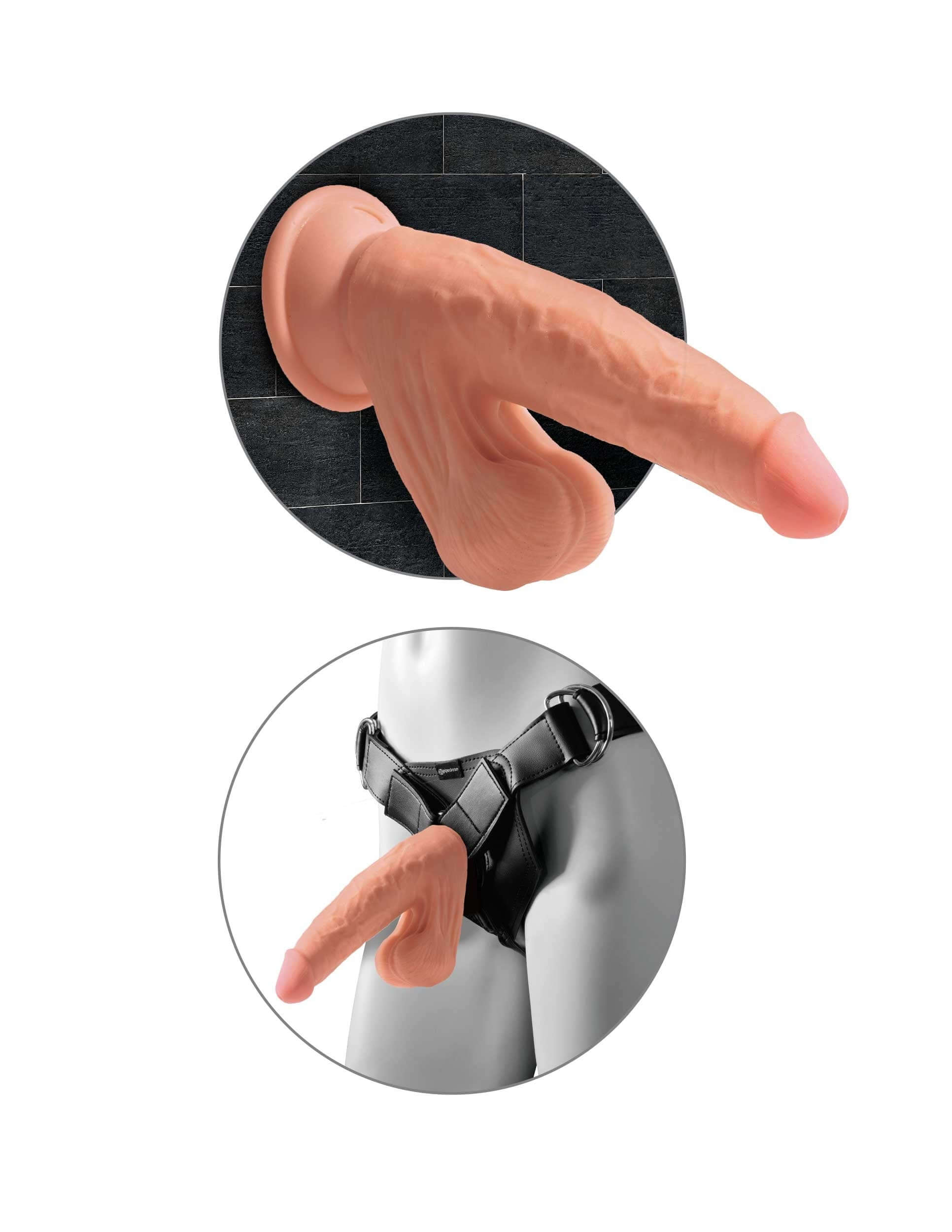 7 inch tan dildo with a realistic design, featuring a harness for versatile use and enhanced pleasure.