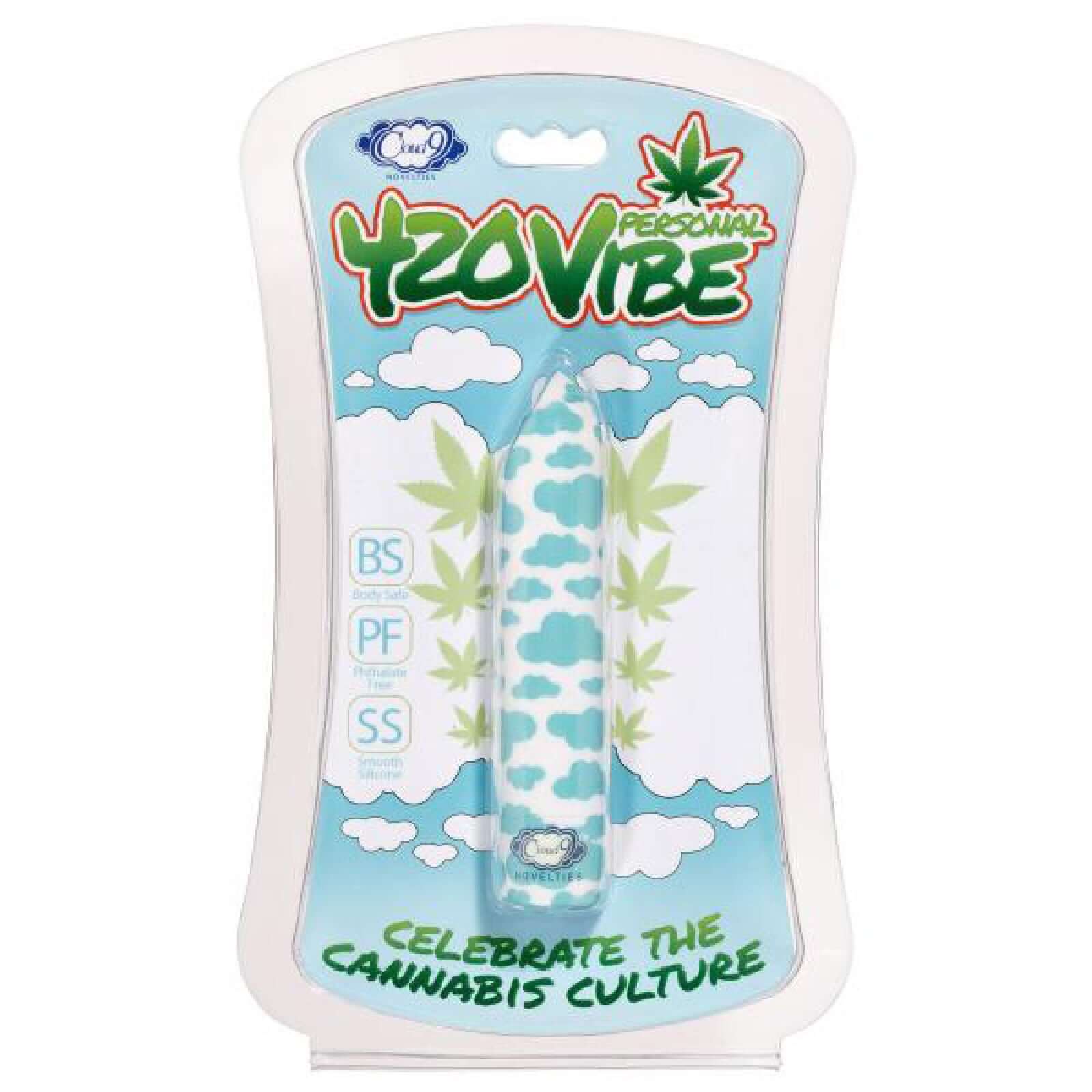 420 Slim Vibe White Blue Cloud Rechargeable Bullet Vibrator Packaging - Celebrate Cannabis Culture with Cloud 9 Novelties