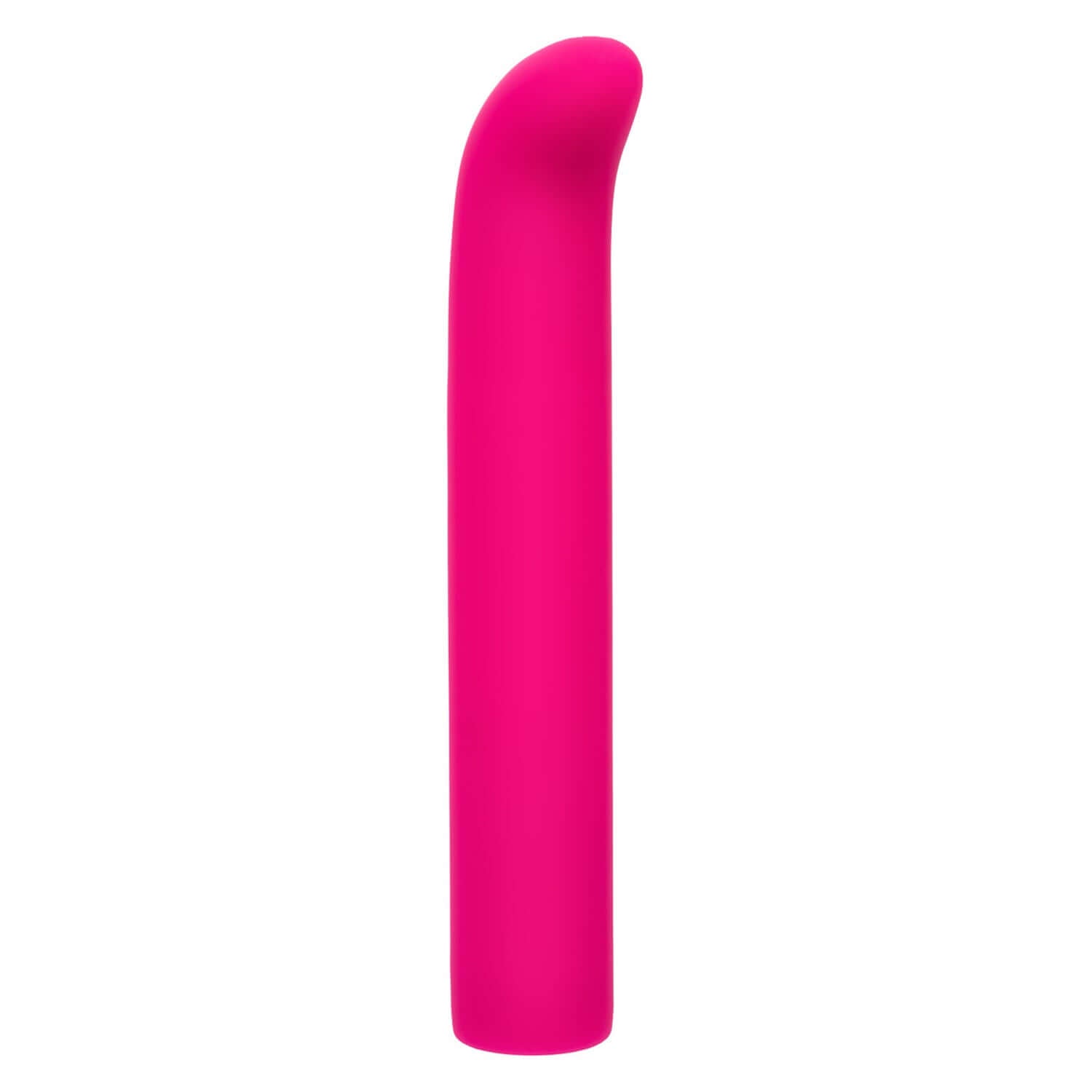 Rechargeable pink G-spot vibrator made of liquid silicone with a curved tip for enhanced pleasure.