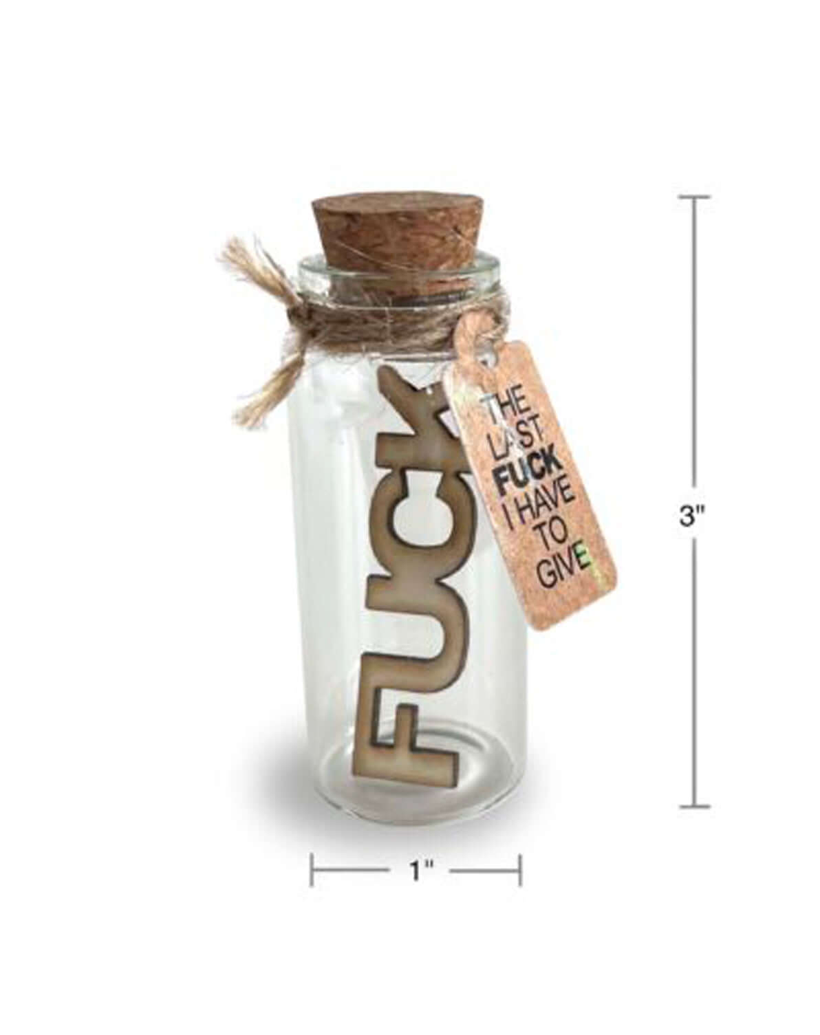 Novelty jar with a wooden "fuck" inside, labeled "The Last Fuck I Have to Give," 3 inches tall, humorous gift or conversation piece.