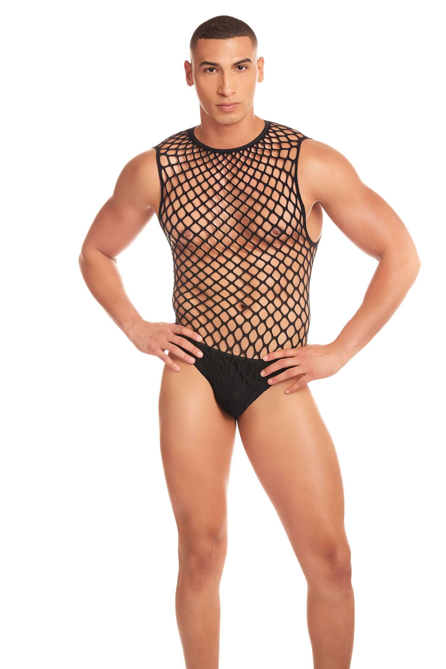 Man wearing Full Effect 2pc Set in black, composed of 95% nylon and 5% spandex, available in Large/XL sizes