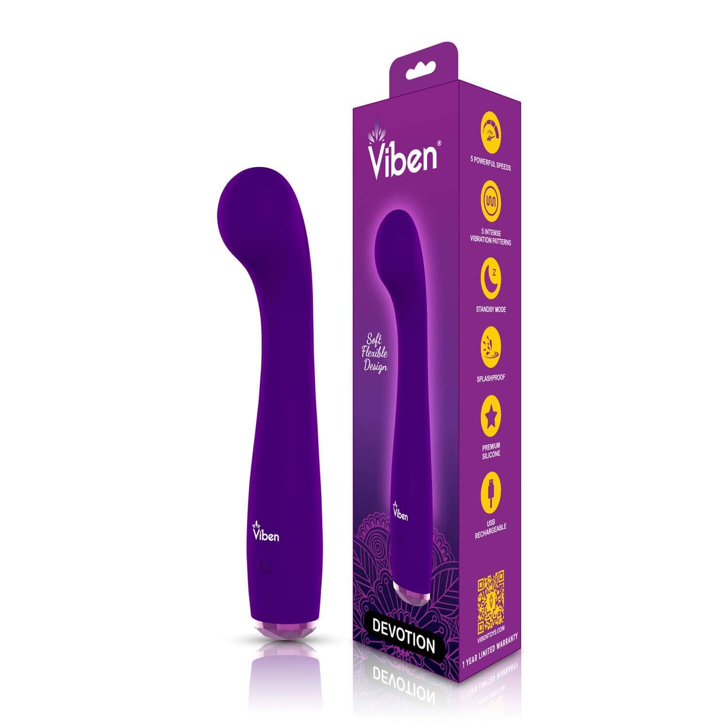 Viben Devotion Violet Intense G-Spot Vibe with Packaging Box - Silky Silicone for Unrivaled Internal Stimulation and Easy On/Off Button