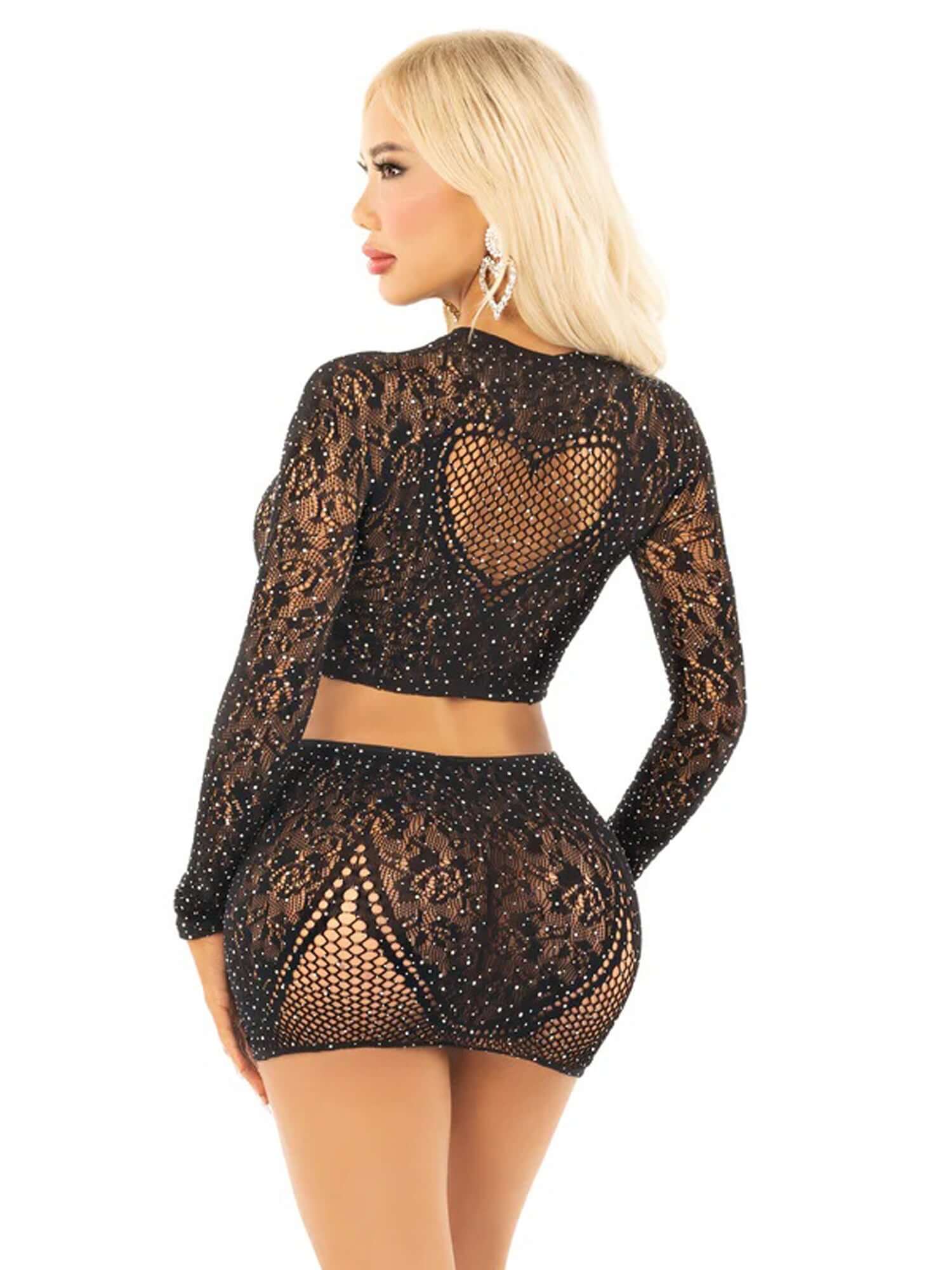 Black rhinestone lace crop top with heart keyhole and mini skirt, one size fits most, Leg Avenue.