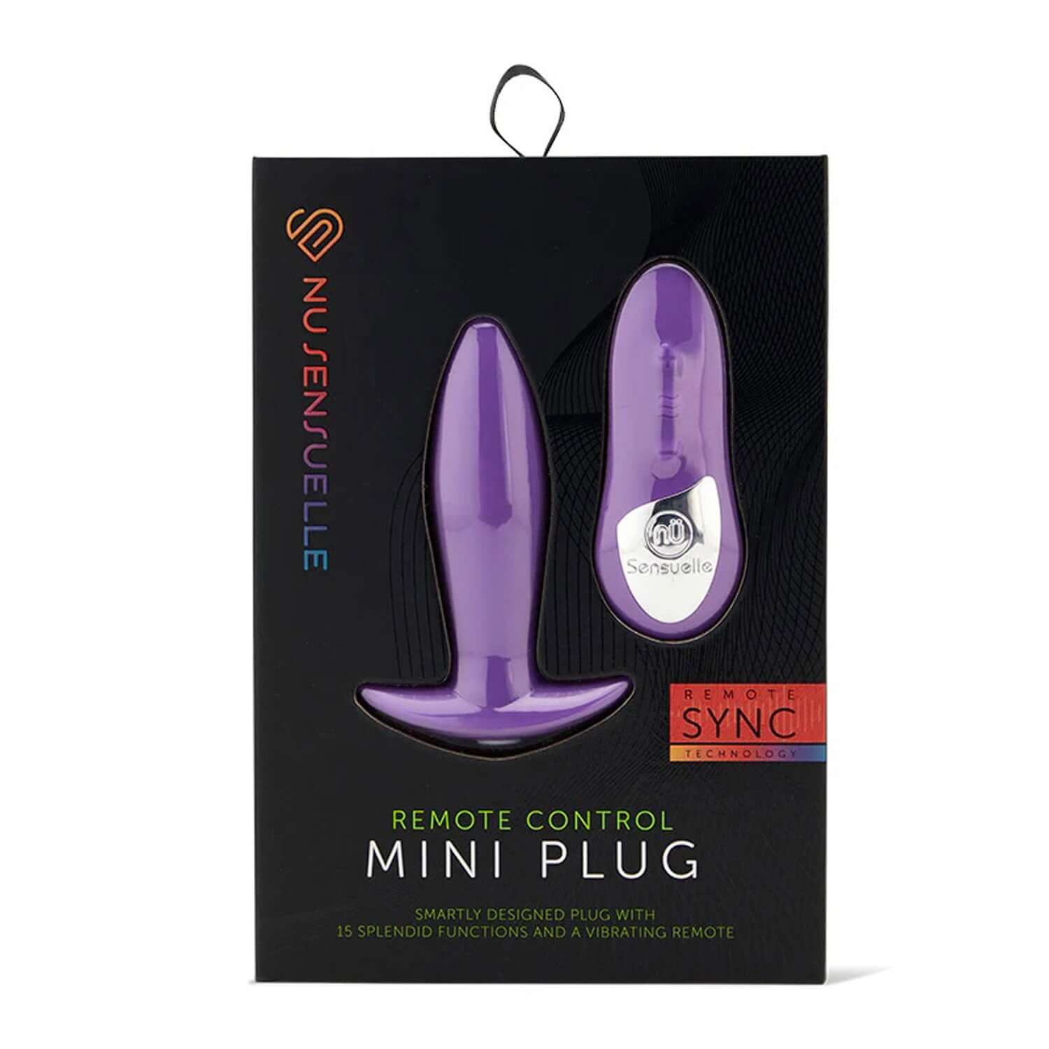 Nu Sensuelle Remote Control Mini-Plug Purple in packaging with 15 functions and vibrating remote control.