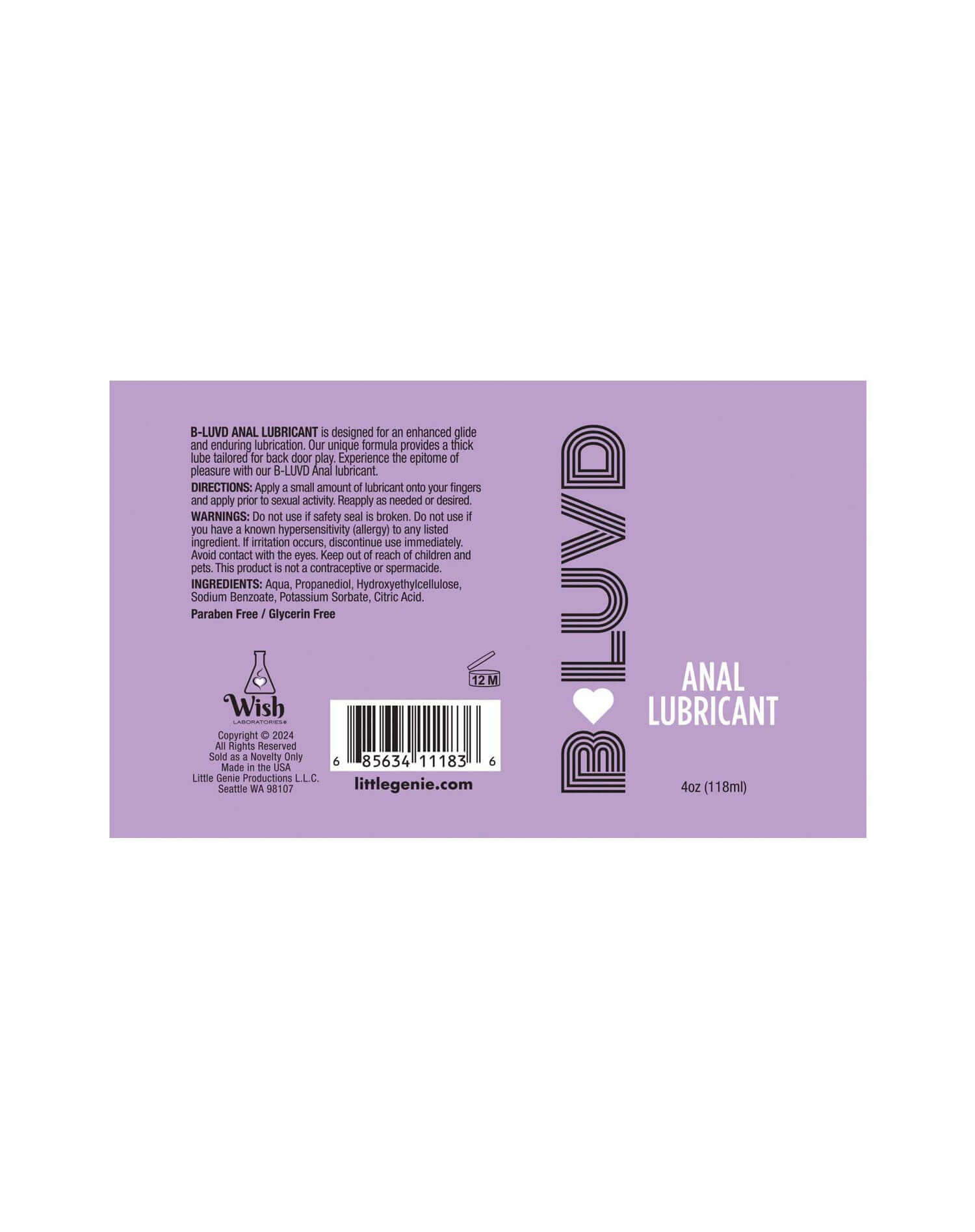 B-Luvd Anal Lubricant 4oz packaging with detailed product information on a purple background.