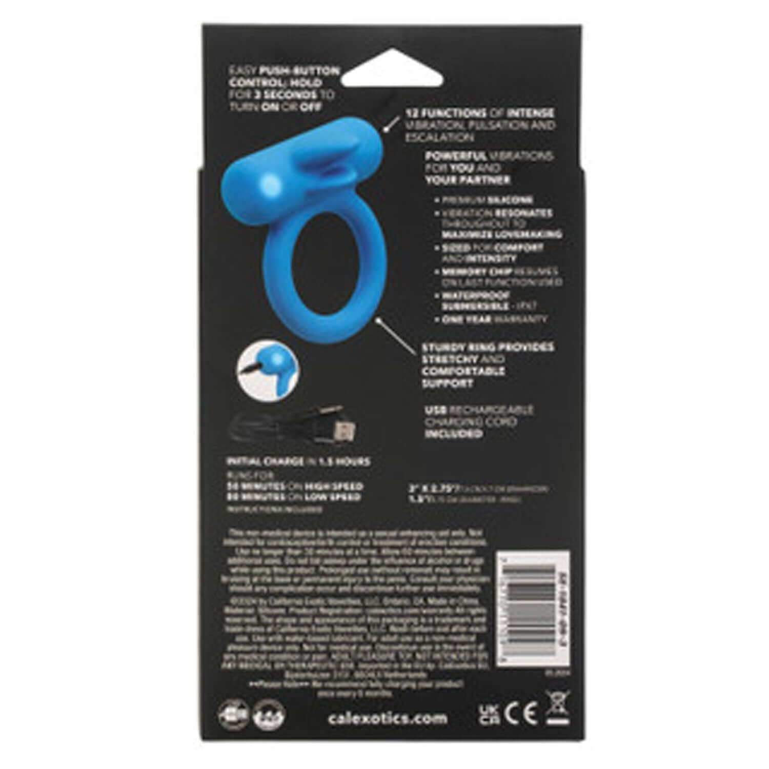 Packaging of Silicone Rechargeable Double Trouble Ring in blue, featuring 12 vibration functions and dual teasers for couples.