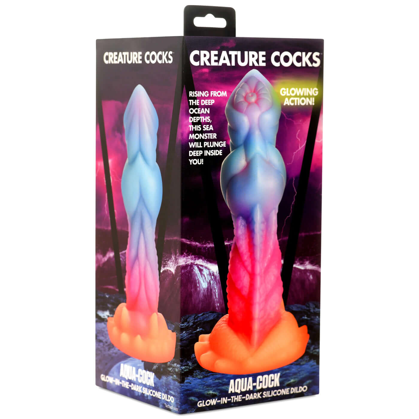 Aqua-Cock Glow-in-the-Dark Silicone Dildo in packaging showing vibrant colors and glowing action for underwater-themed pleasure