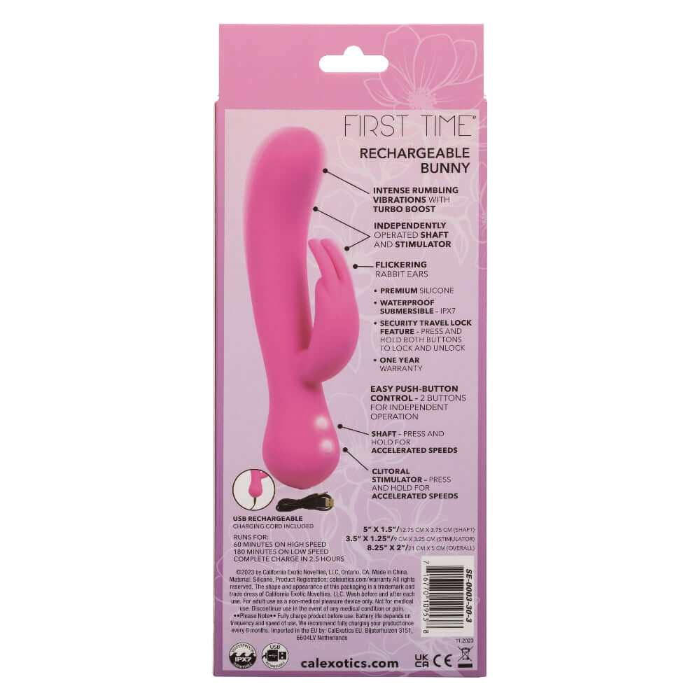 First Time Rechargeable Bunny in original packaging, featuring dual stimulation with intense vibrations and turbo boost in pink