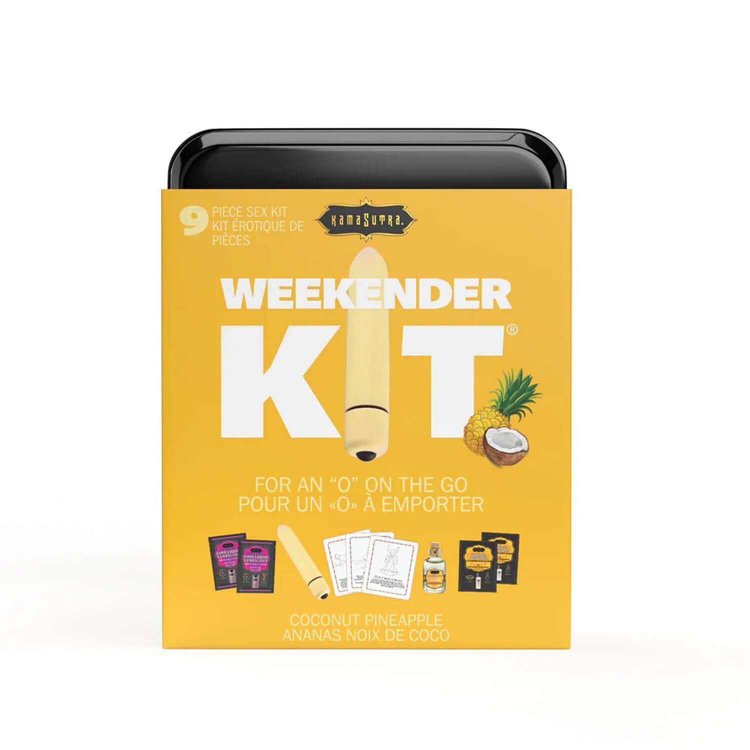 Kama Sutra Weekender Kit Vibe Coconut Pineapple packaging with mini bullet vibe and accessories for travel-friendly enjoyment.