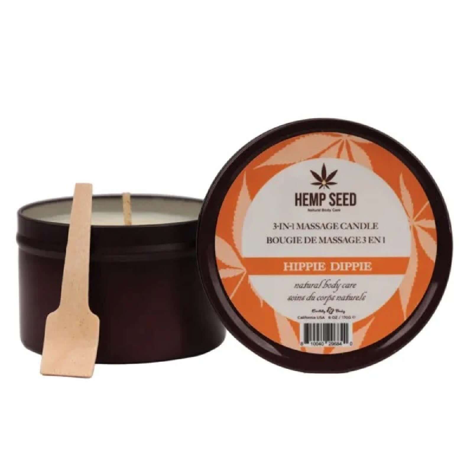 Hemp Seed 3-in-1 Massage Candle Hippie Dippie 6oz with wooden spoon, natural body care product for moisturizing and relaxing massage