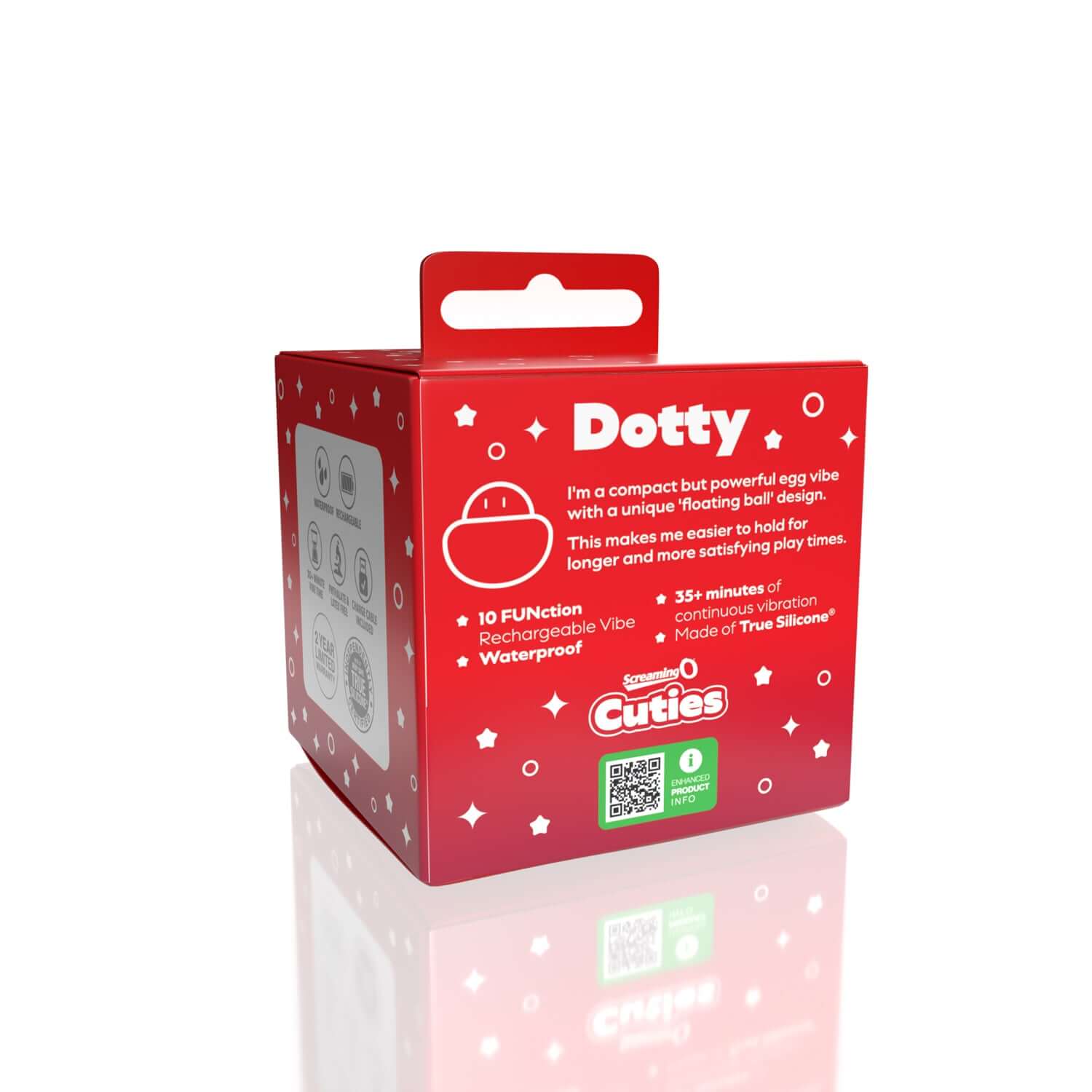 Screaming O Cuties Dotty Egg Vibrator packaging highlighting features like 10 functions, waterproof design, and True Silicone material.