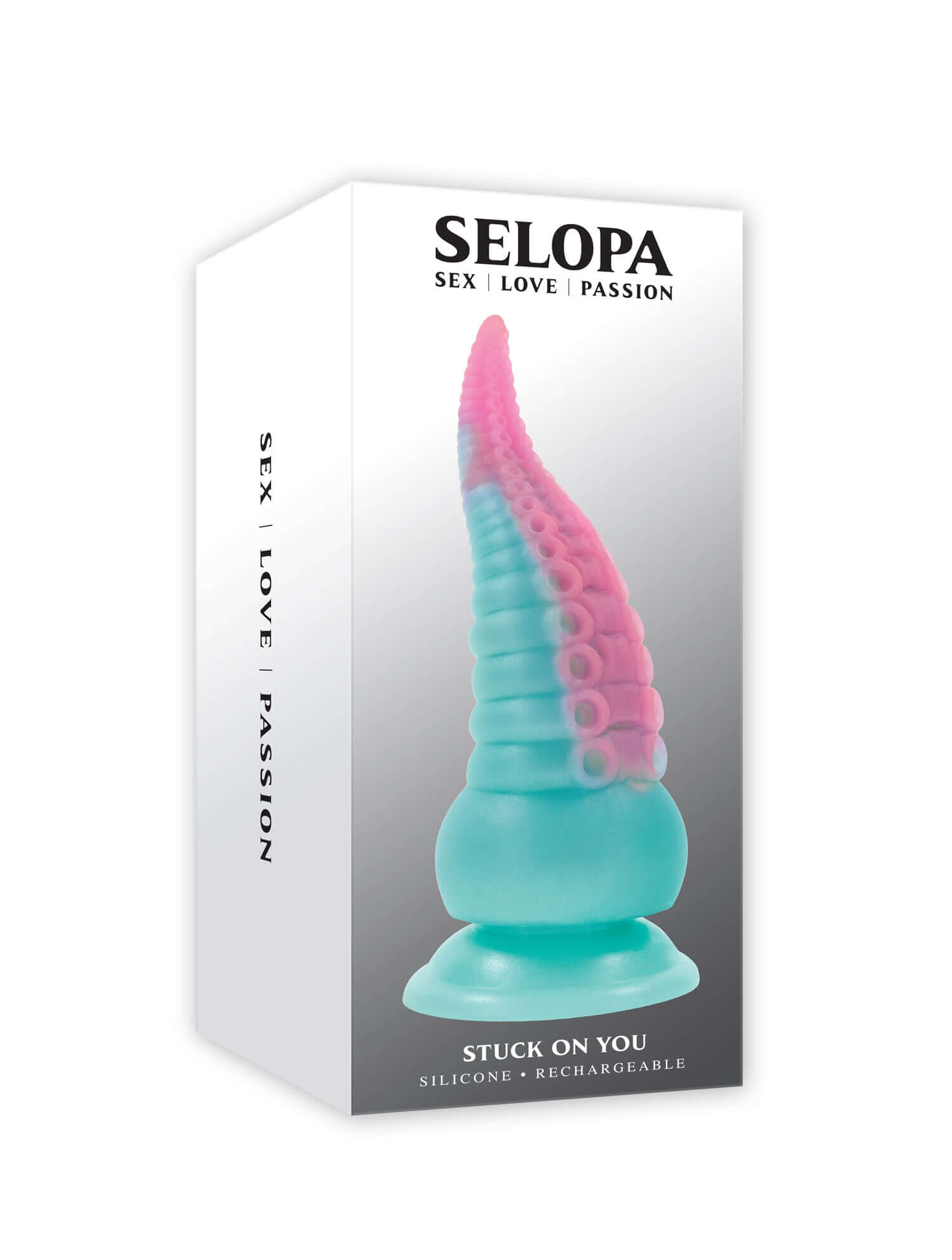 Stuck on You Vibrating Dildo packaging featuring a multicolor silicone design with tentacle shape and suction cup base.